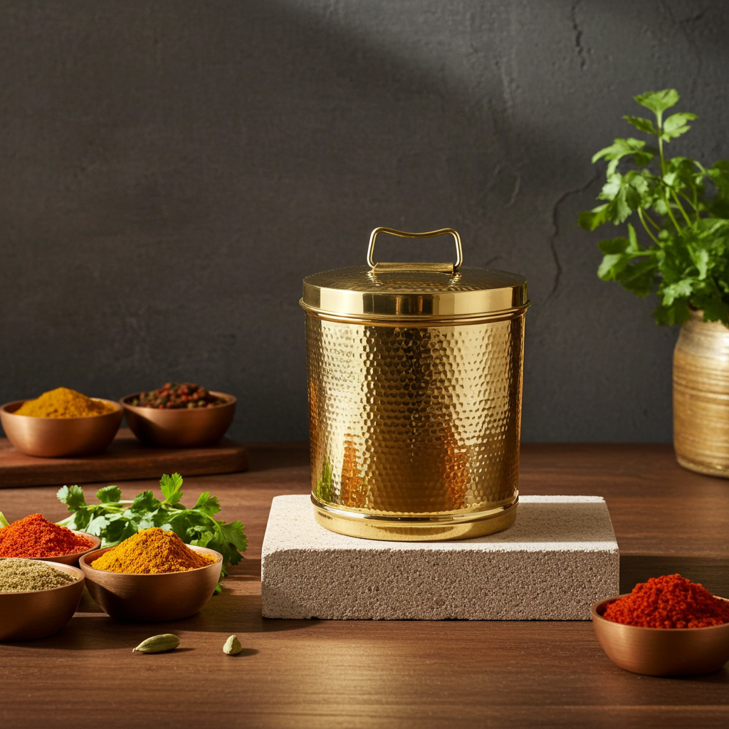 Brass Atta Daani Storage Container - Brass Hammered Traditional Grain Storage