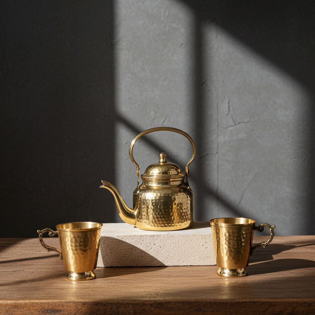 Brass Hammered Kettle with Cup Set