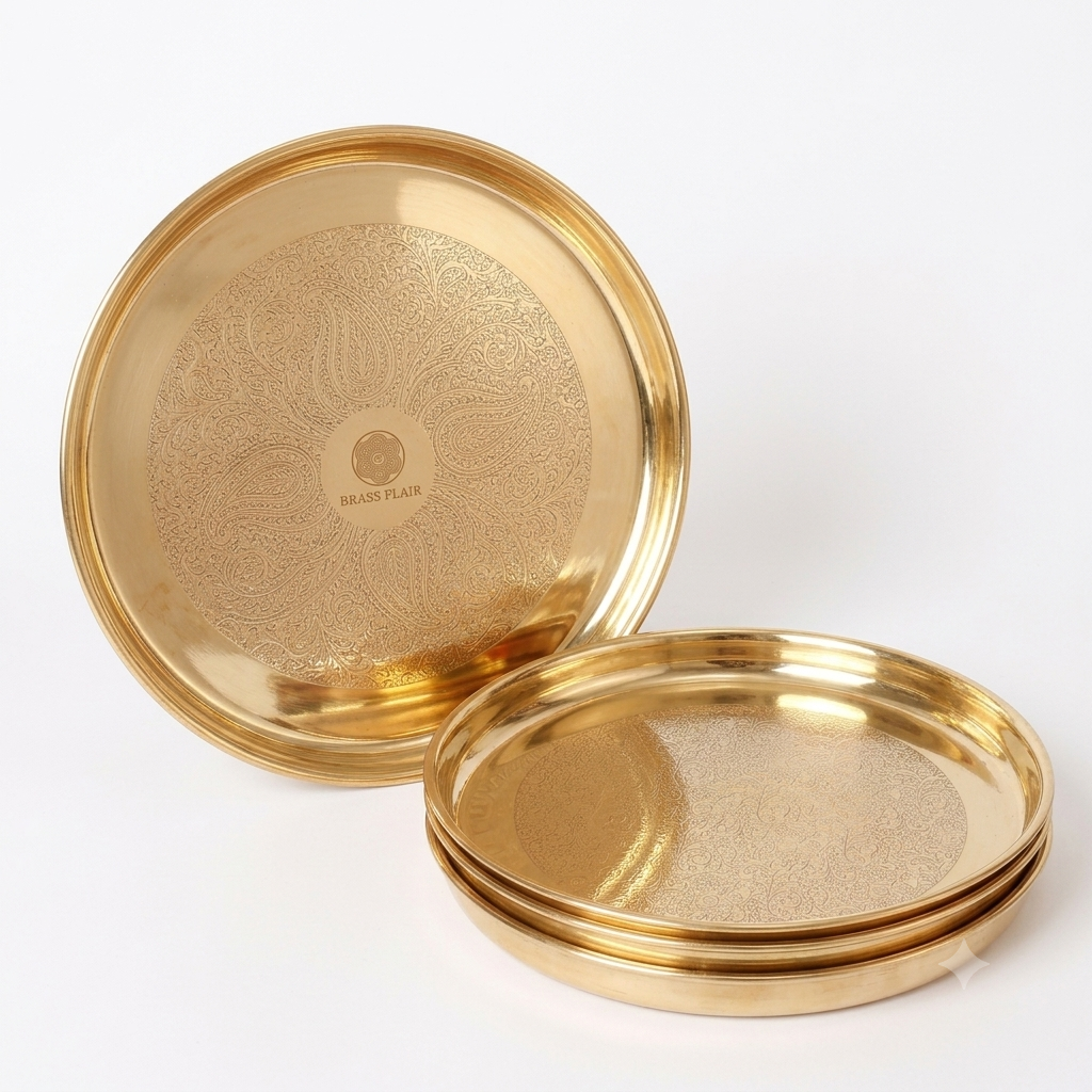 Pure Brass Thali 11.5 Inch Serving Plate | Traditional Engraved Brass Dinner Plate | Handcrafted Brass Serving Plate