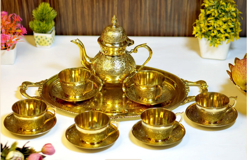Brass Etched 14Pc Tea Kettle Set