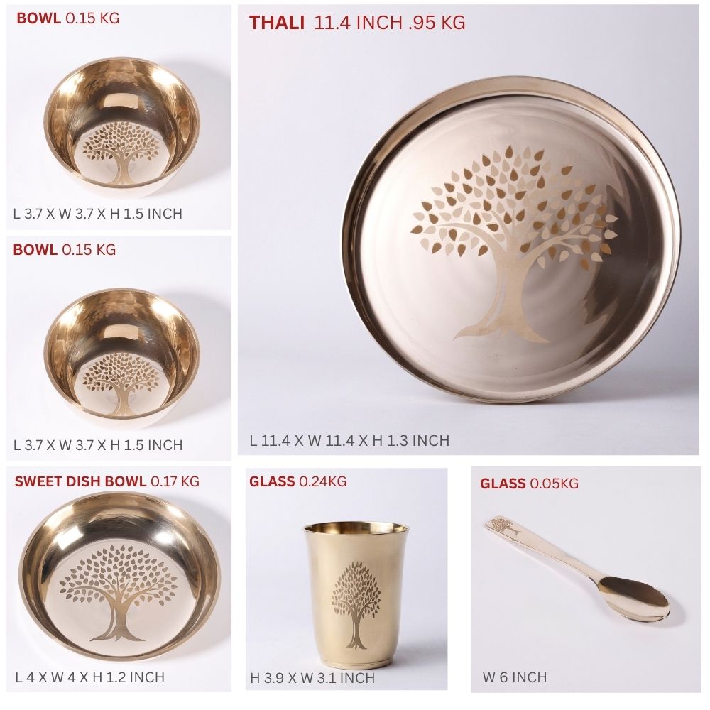 Bronze / Kansa Thali Set - 6 piece set (1 thali, 3 bowls, 1 glass, 1 spoon)