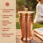 Pure Copper Tumbler with Brass Lid | Handcrafted Hammered Design | Tamra Jal Copper Glass | Food Grade | Made in Moradabad | 650 ML
