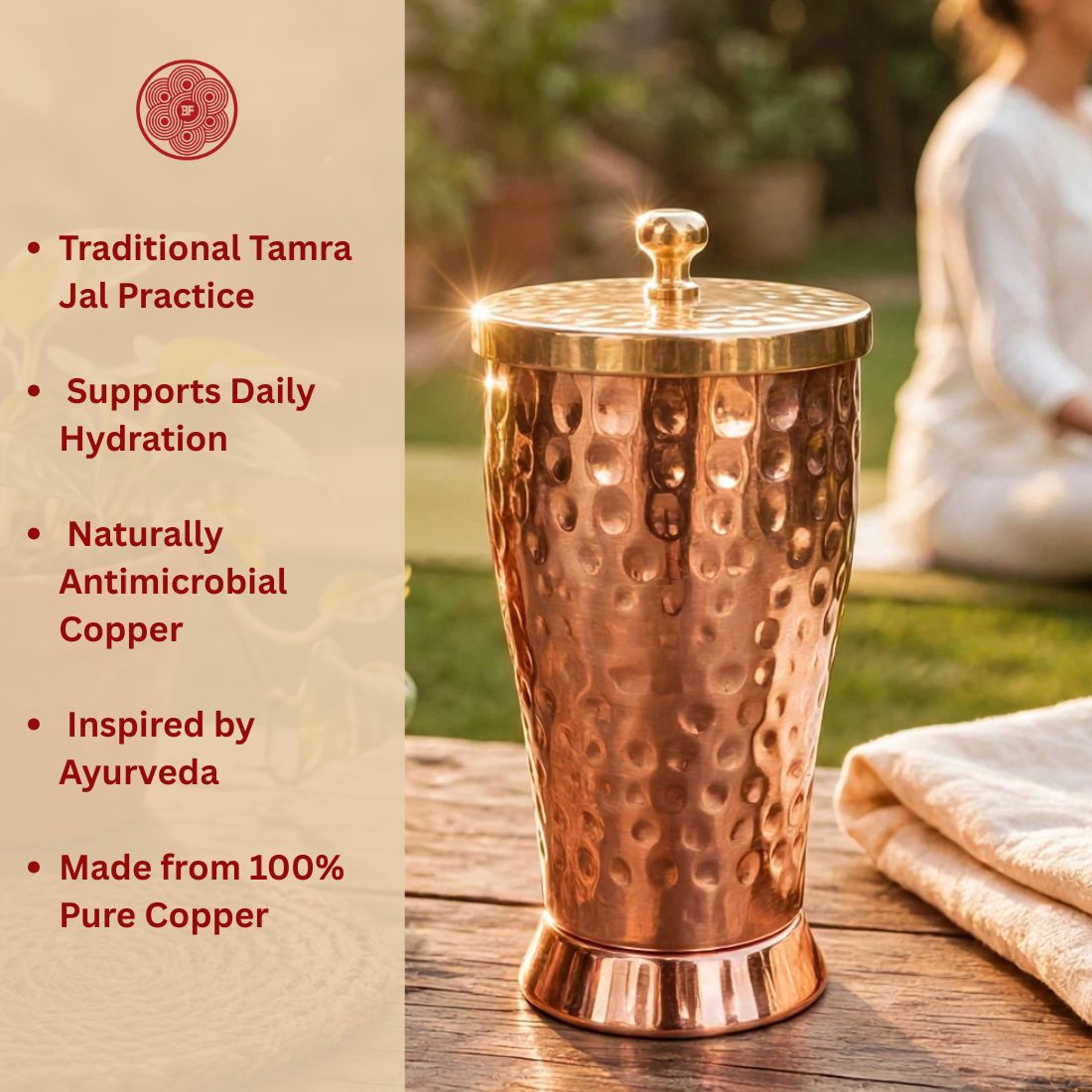 Pure Copper Tumbler with Brass Lid | Handcrafted Hammered Design | Tamra Jal Copper Glass | Food Grade | Made in Moradabad | 650 ML