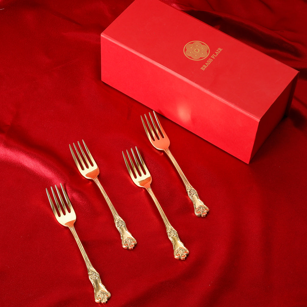 Handcrafted Brass Cutlery Set | Traditional Indian Flatware | Set of 8 (4 Spoons & 4 Forks)
