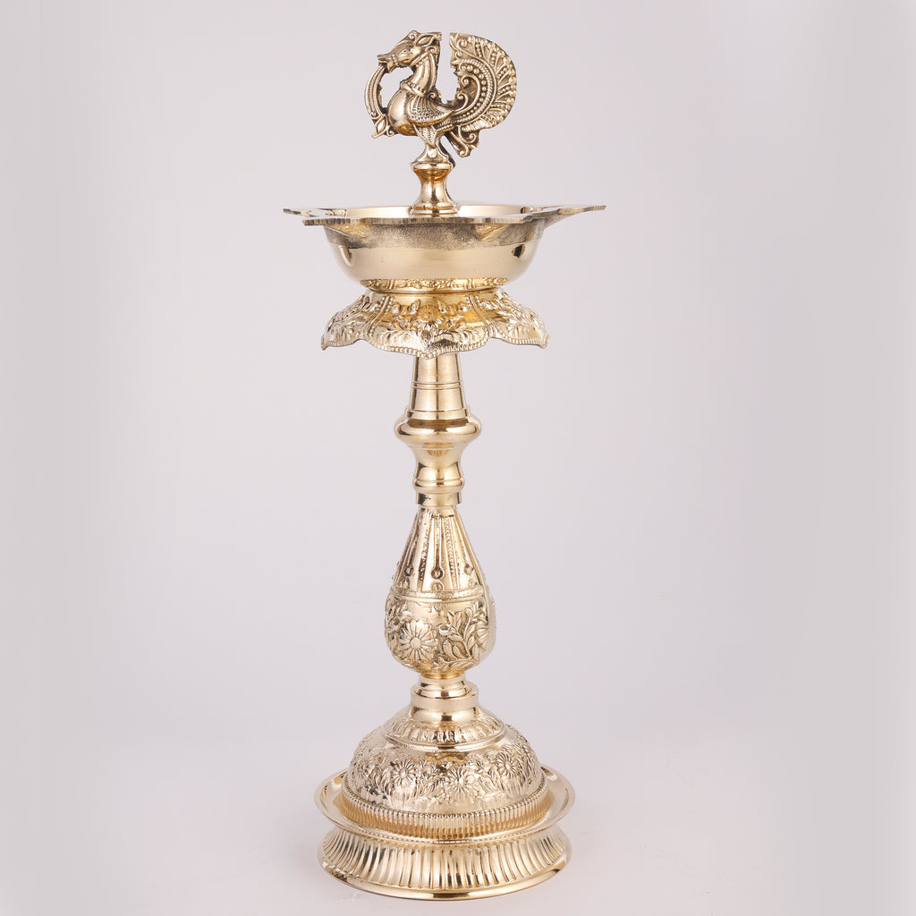 Pure Brass Standing Bird Diya | Handcrafted Traditional Oil Lamp | Decorative Puja Deepam | 14 Inch