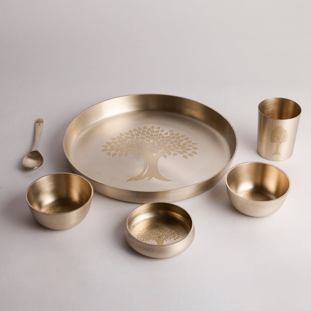 Bronze / Kansa Thali Set – Matt Finish - 6 piece set (1 thali, 3 bowls, 1 glass, 1 spoon)