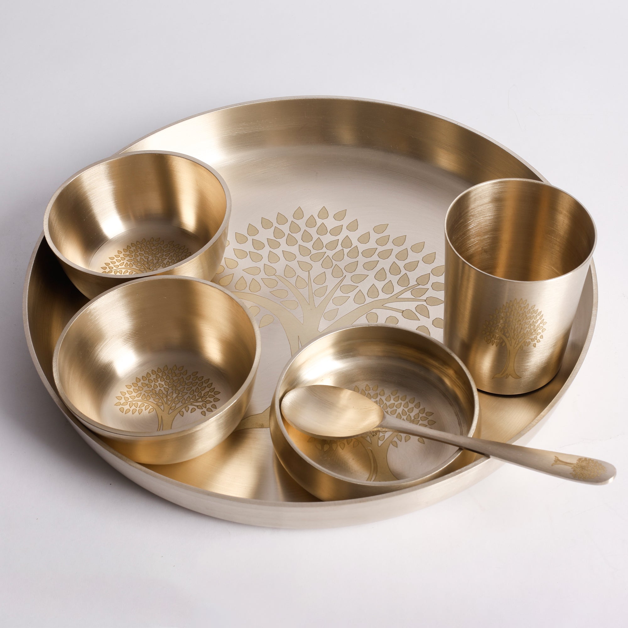 Bronze / Kansa Thali Set – Matt Finish - 6 piece set (1 thali, 3 bowls, 1 glass, 1 spoon)
