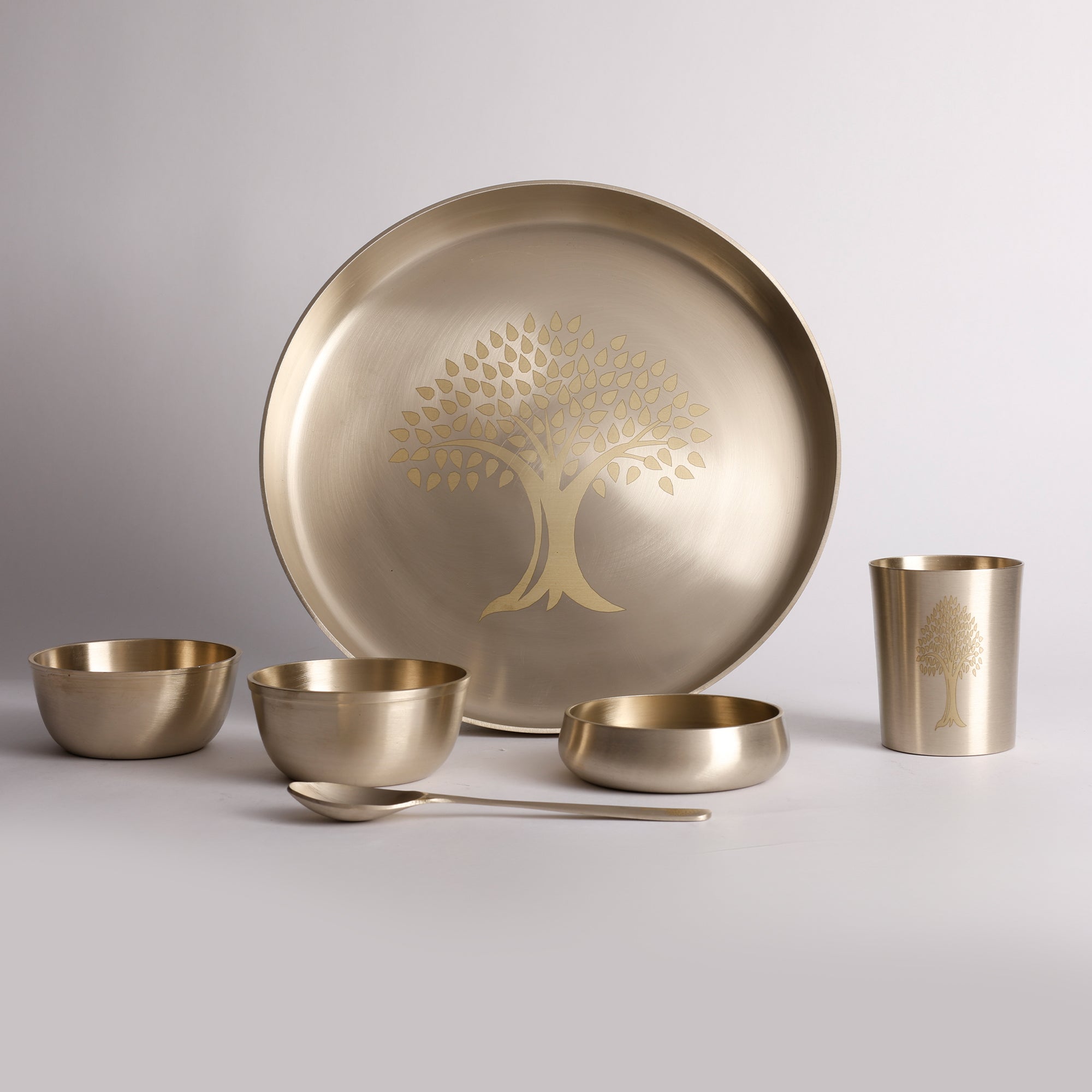 Bronze / Kansa Thali Set – Matt Finish - 6 piece set (1 thali, 3 bowls, 1 glass, 1 spoon)