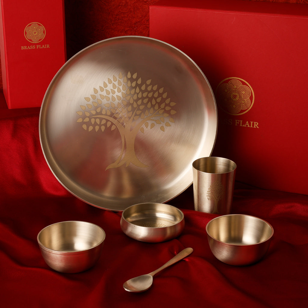 Bronze / Kansa Thali Set – Matt Finish - 6 piece set (1 thali, 3 bowls, 1 glass, 1 spoon)