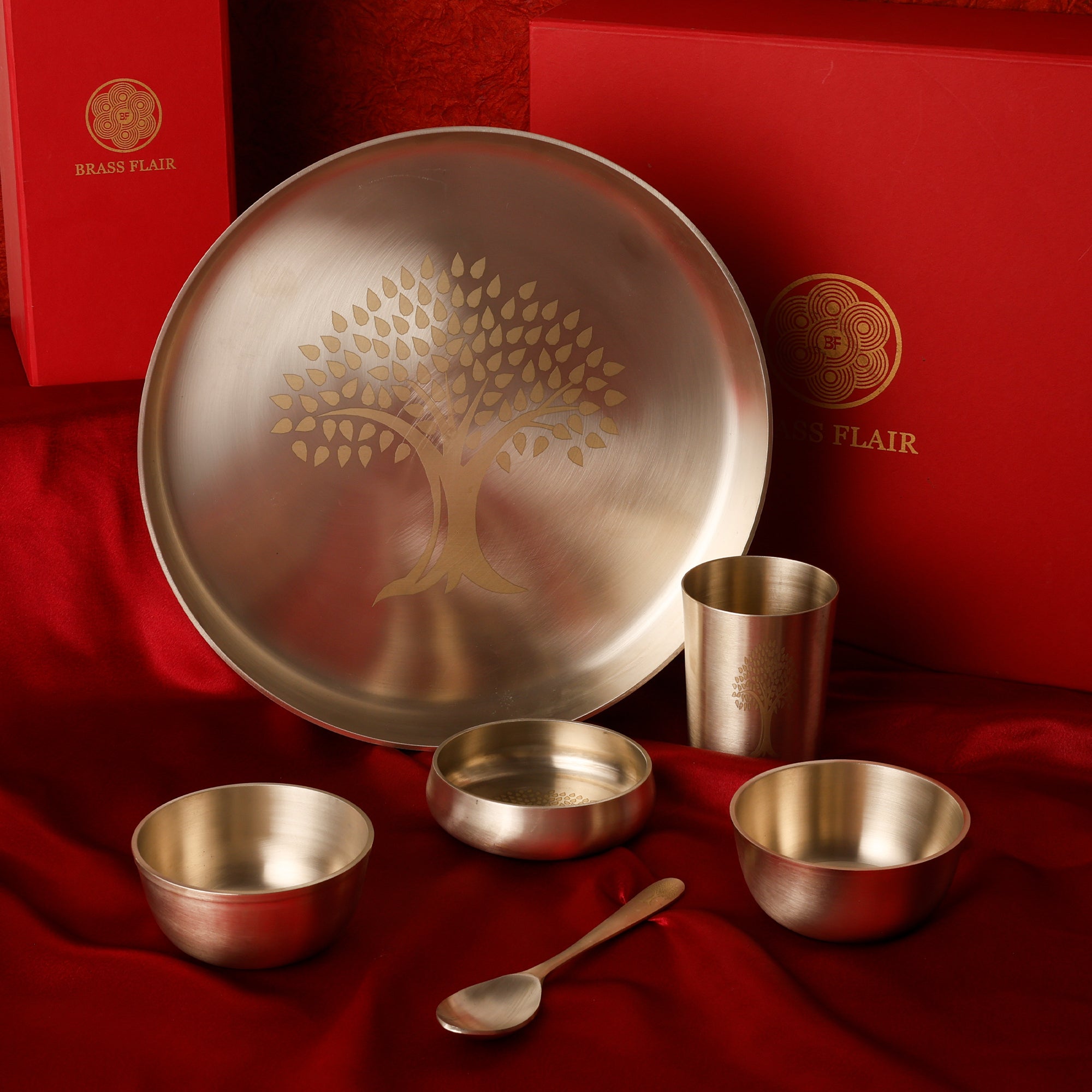 Bronze / Kansa Thali Set – Matt Finish - 6 piece set (1 thali, 3 bowls, 1 glass, 1 spoon)