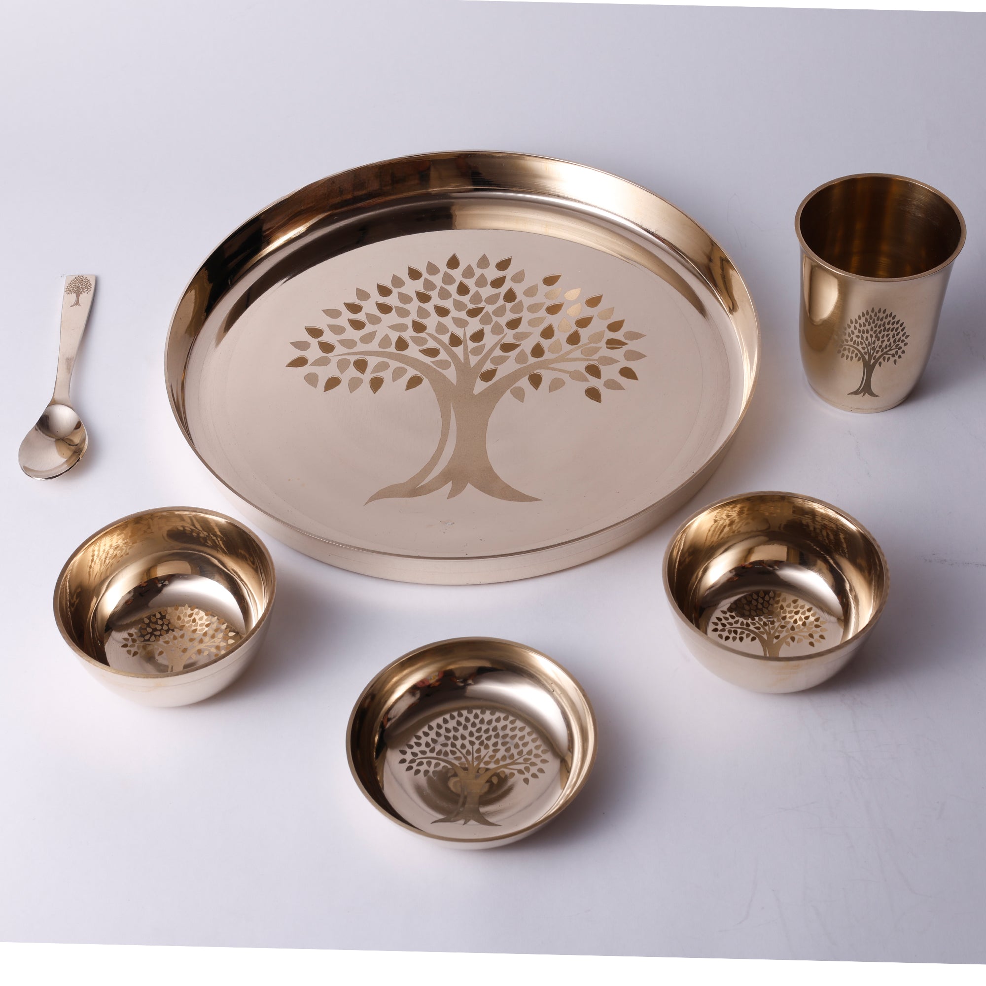 Bronze / Kansa Thali Set - 6 piece set (1 thali, 3 bowls, 1 glass, 1 spoon)