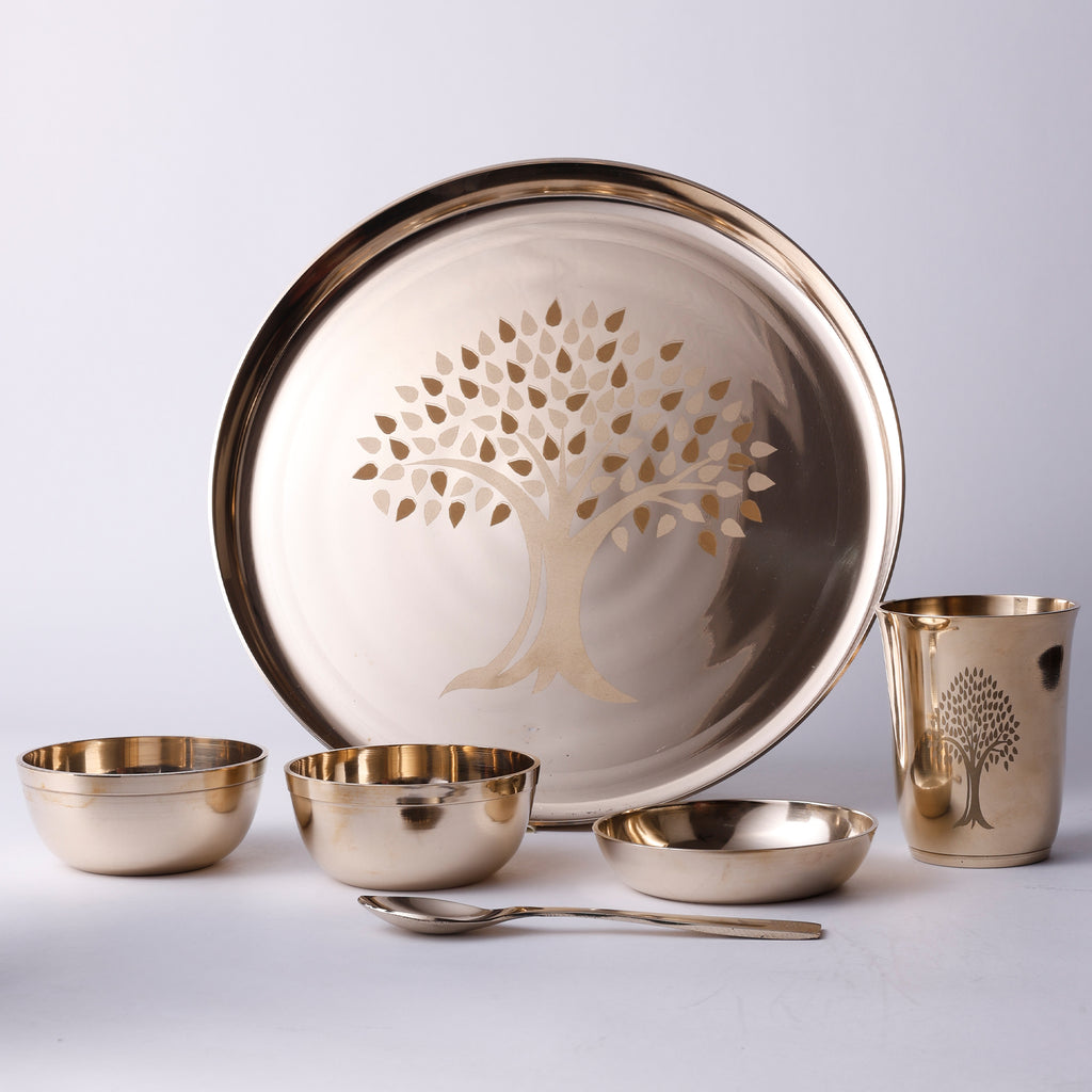 Bronze / Kansa Thali Set - 6 piece set (1 thali, 3 bowls, 1 glass, 1 spoon)