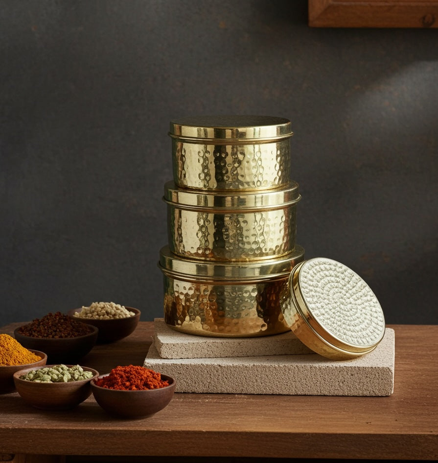 Brass Hammered Storage Box (Laddoo Box) – Set of 4