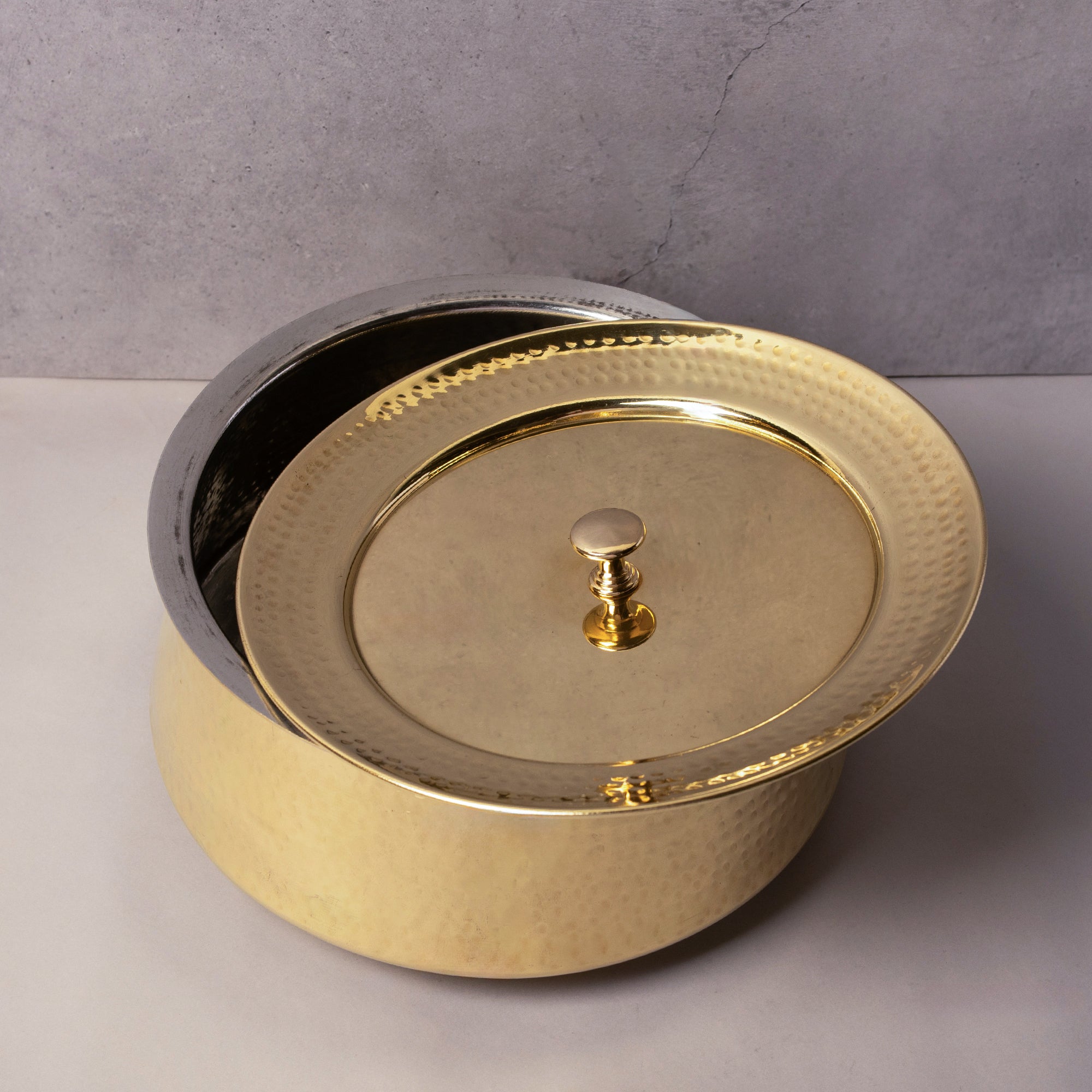 Brass Tin-Coated Hammered Biryani Handi with Lid