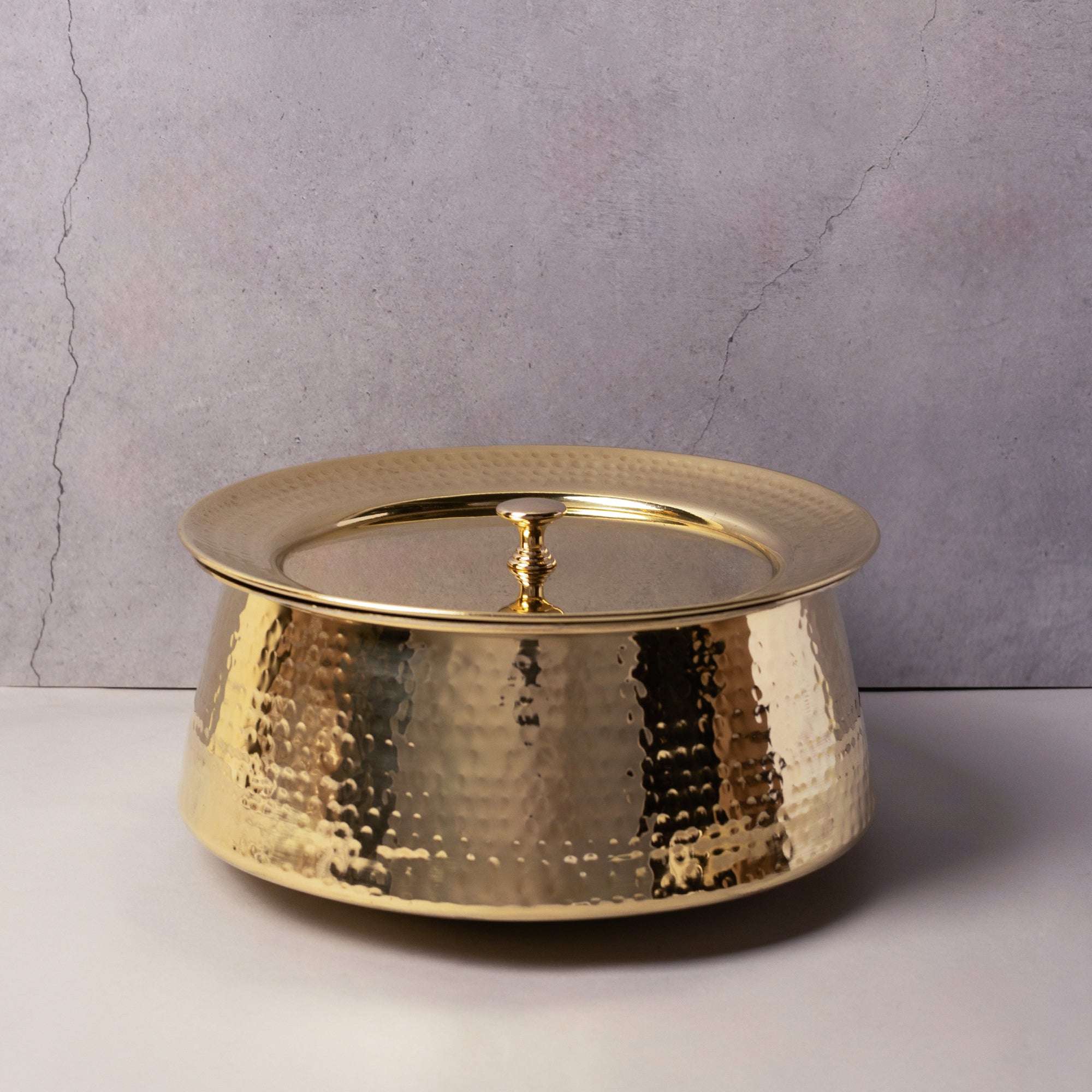 Brass Tin-Coated Hammered Biryani Handi with Lid