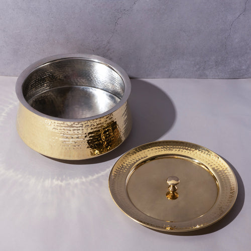 Brass Tin-Coated Hammered Biryani Handi with Lid