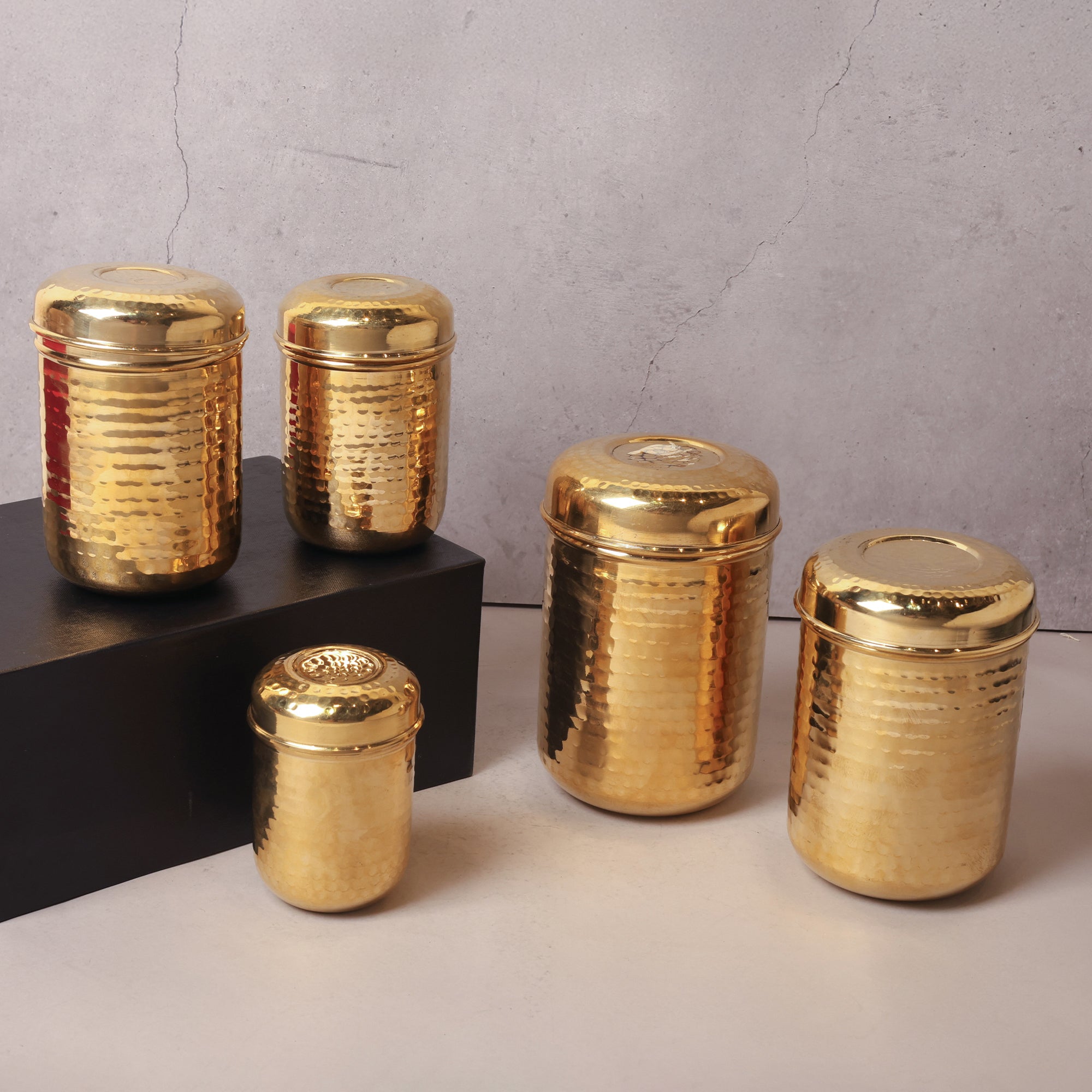 Brass Hammered Jars with Lid (Set of 5)
