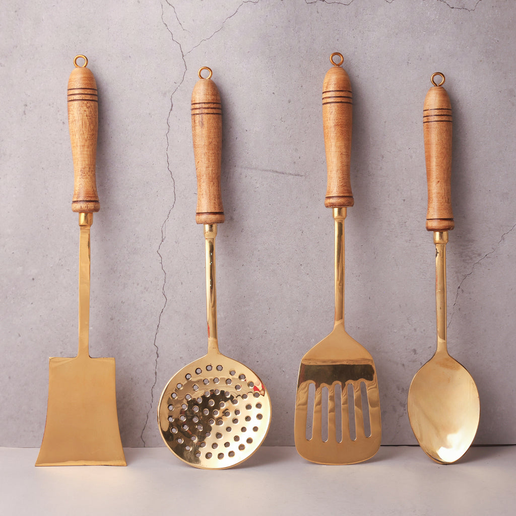 Brass Ladles Set with Wood Handle (Set of 4)