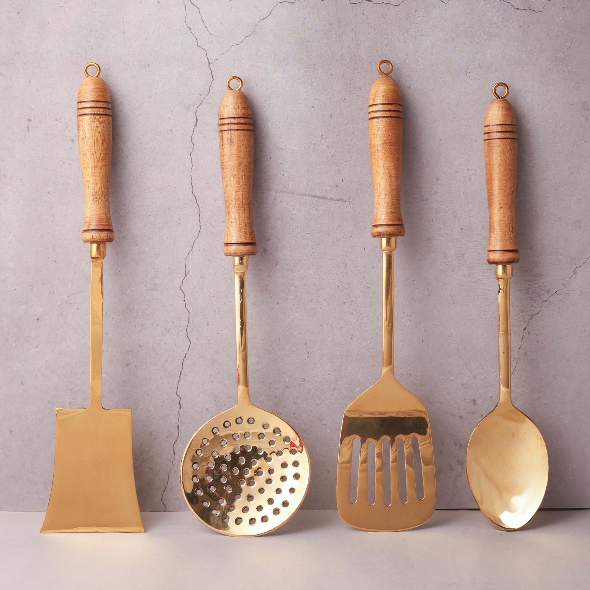 Brass Ladles Set with Wood Handle (Set of 4)