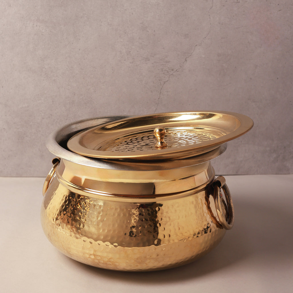Brass Tin-Coated Hammered Lagan Handi with Lid & Handle