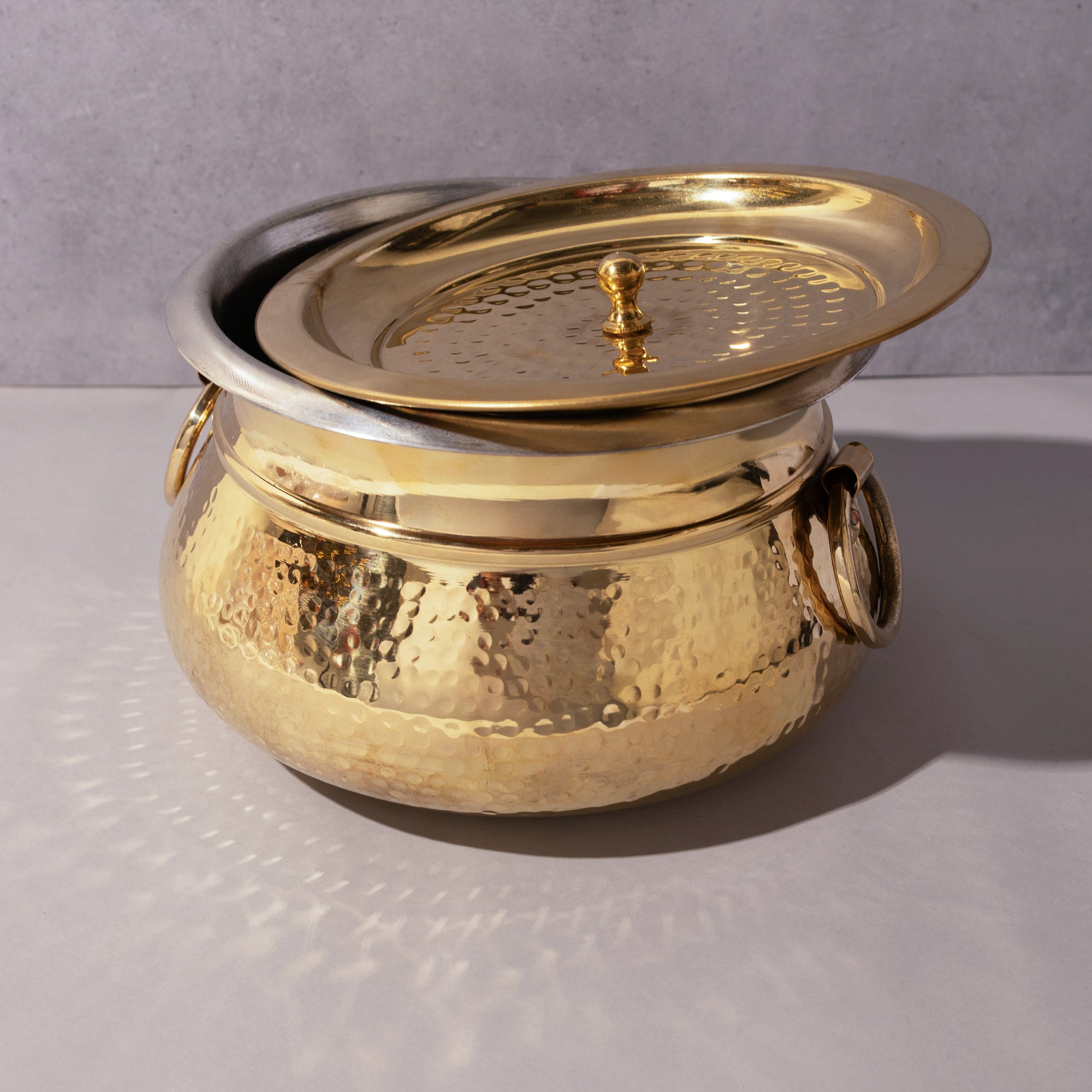 Brass Tin-Coated Hammered Lagan Handi with Lid & Handle