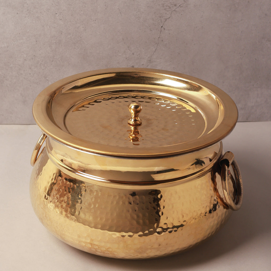 Brass Tin-Coated Hammered Lagan Handi with Lid & Handle