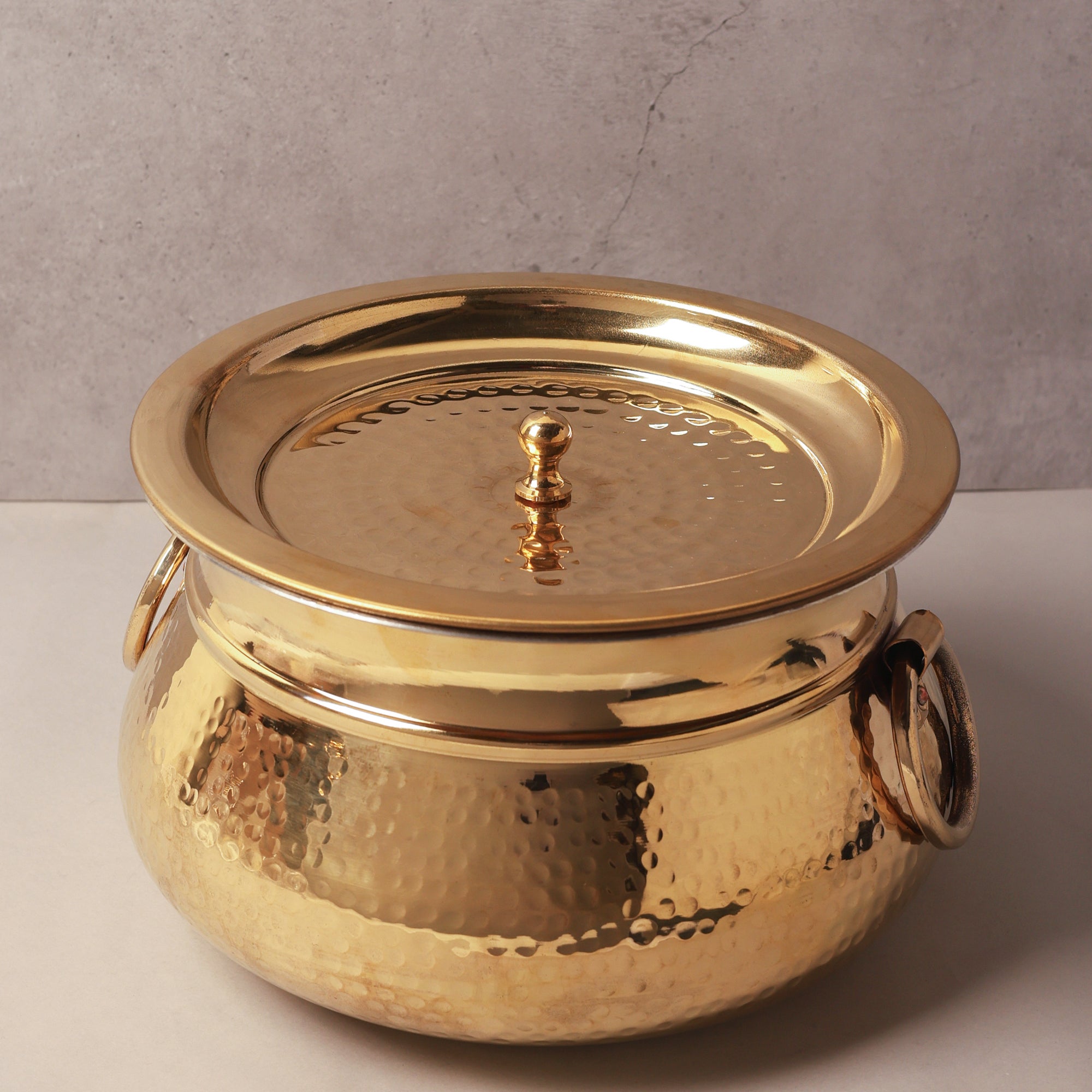 Brass Tin-Coated Hammered Lagan Handi with Lid & Handle