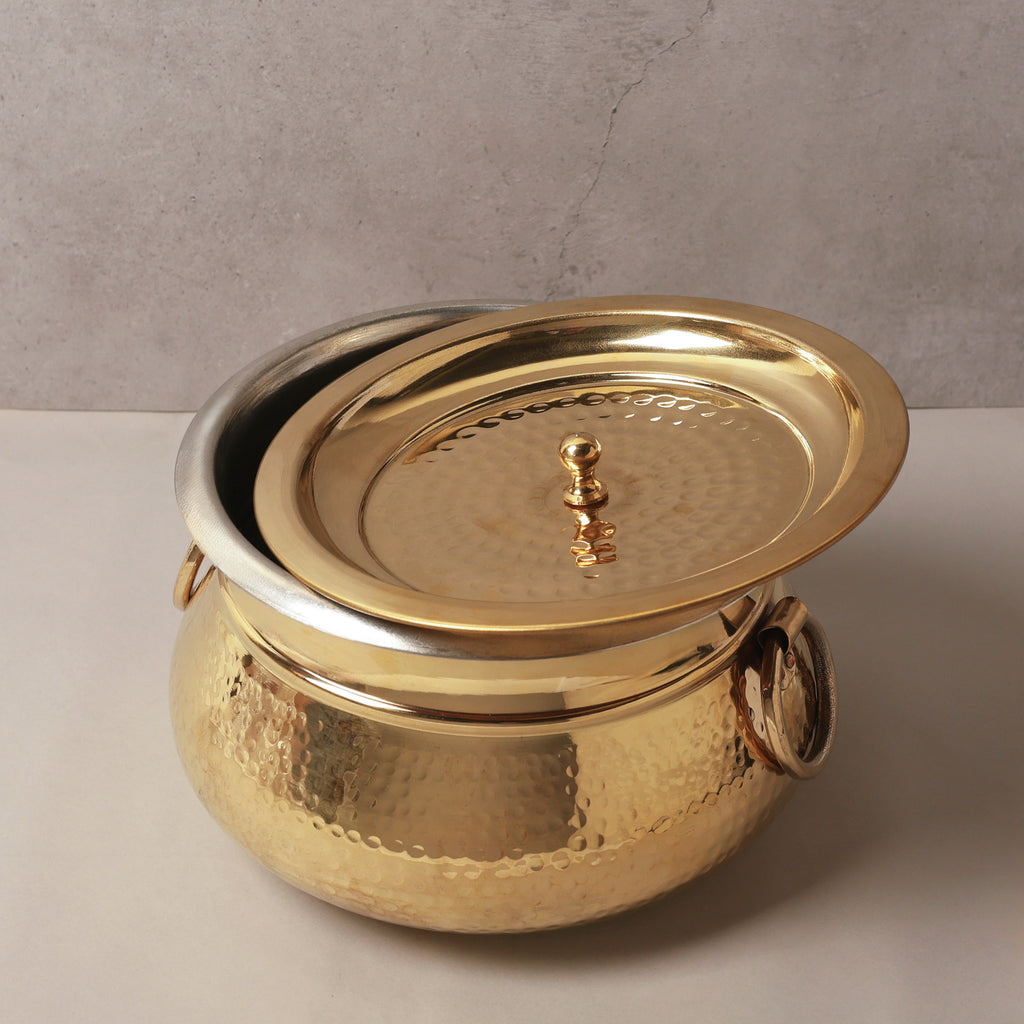 Brass Tin-Coated Hammered Lagan Handi with Lid & Handle