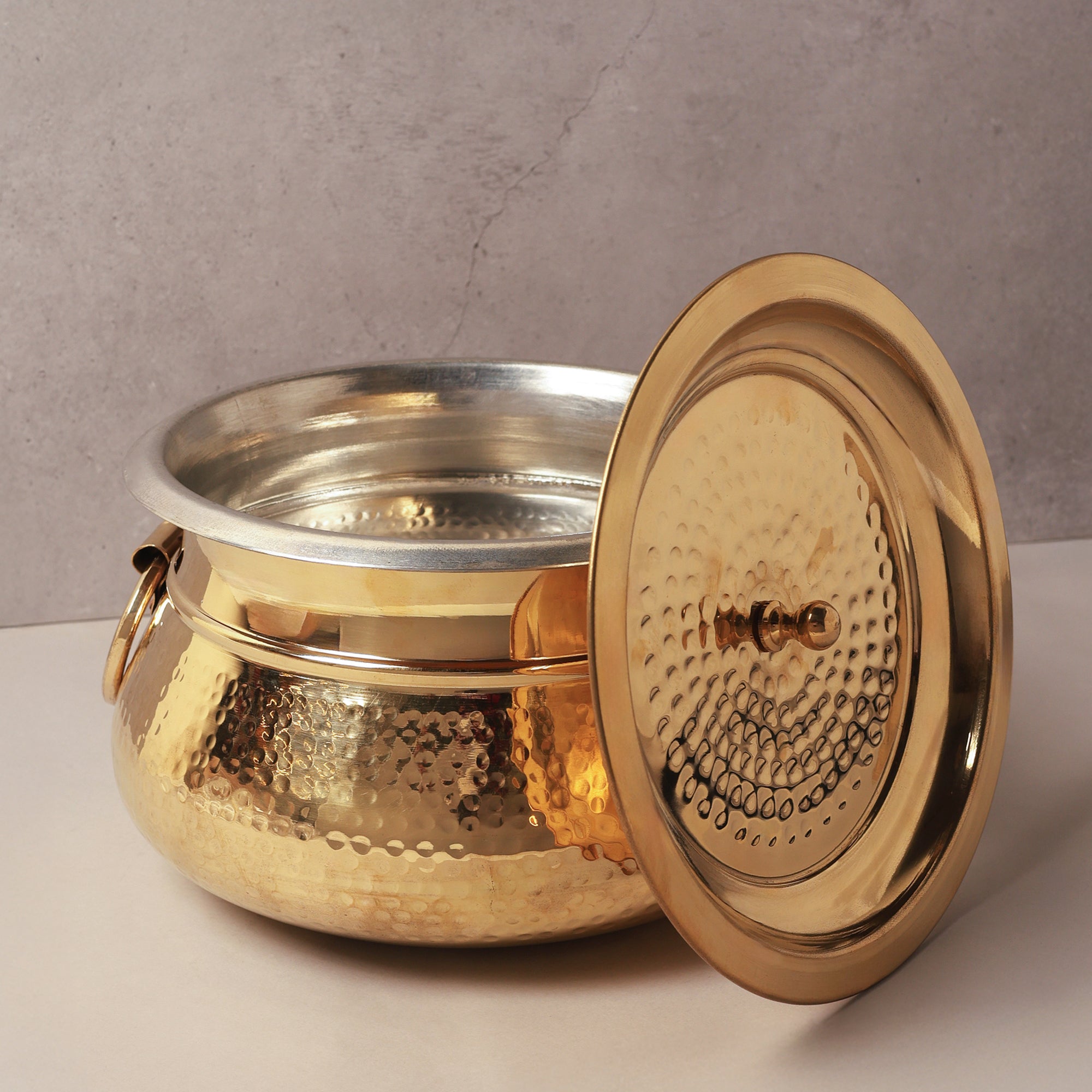 Brass Tin-Coated Hammered Lagan Handi with Lid & Handle