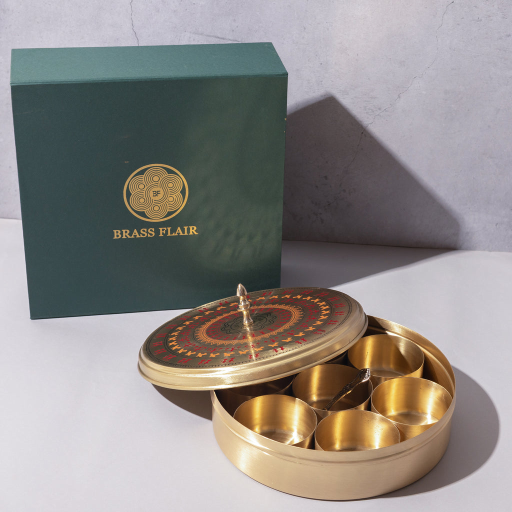 Brass Masala Box with 7 Compartments and Spoon – Premium Meena Colour Design | 9*4 inch