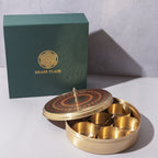 Brass Masala Box with 7 Compartments and Spoon – Premium Meena Colour Design | 9*4 inch
