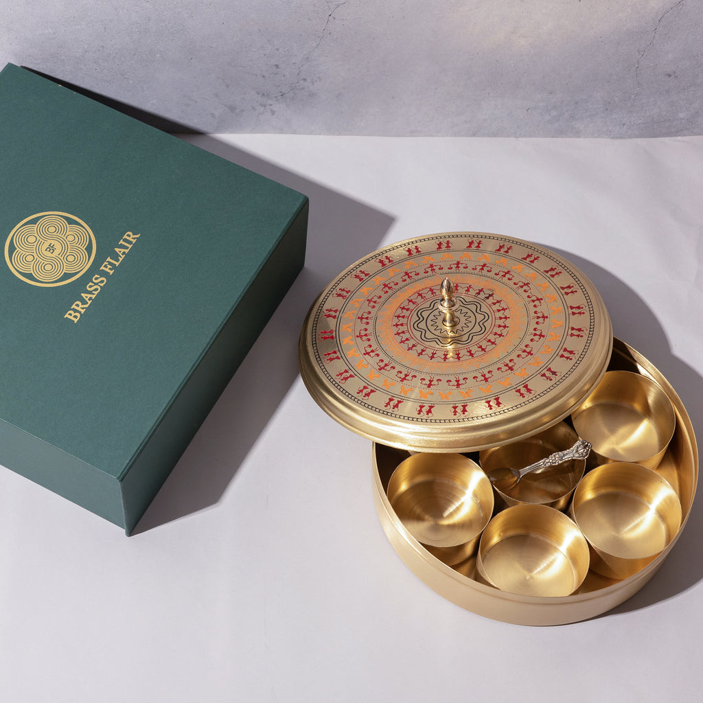 Brass Masala Box with 7 Compartments and Spoon – Premium Meena Colour Design | 9*4 inch