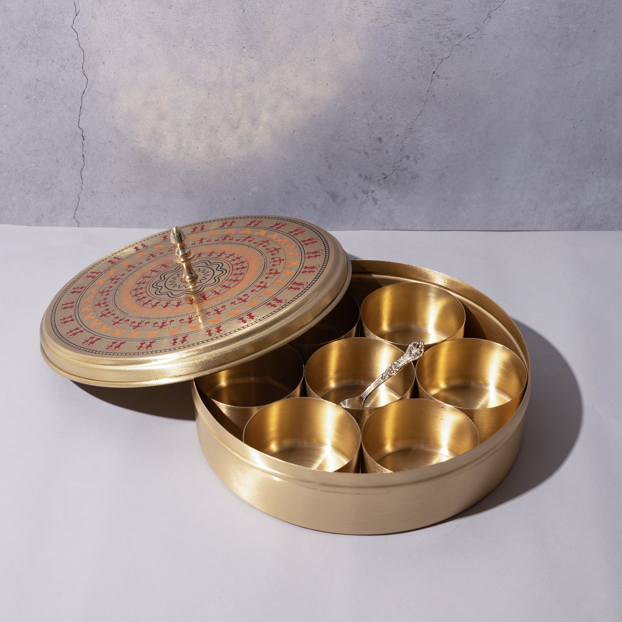 Brass Masala Box with 7 Compartments and Spoon – Premium Meena Colour Design | 9*4 inch