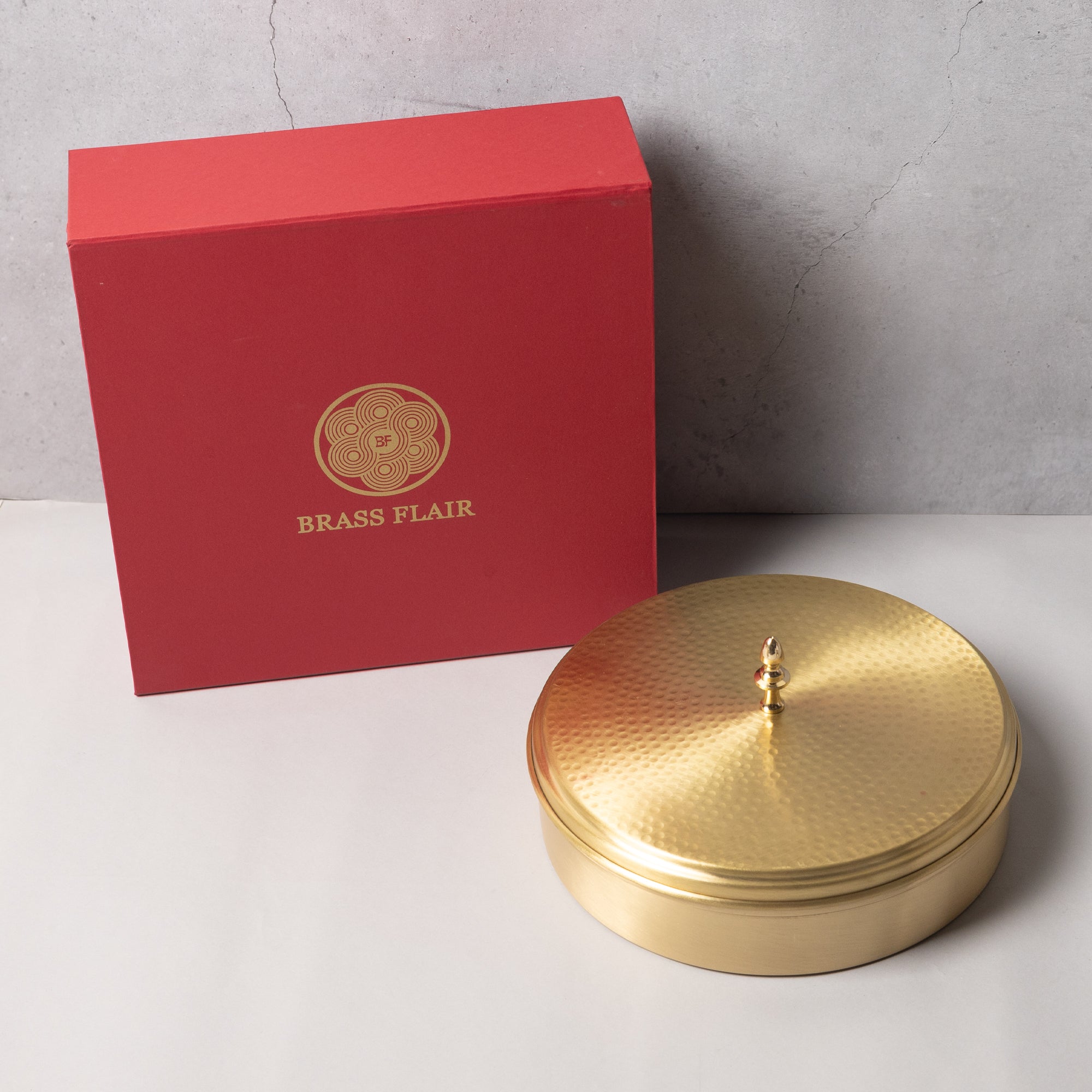 Brass Masala Box with 7 Compartments and Spoon – Premium Hammered Design | 8*4 inch