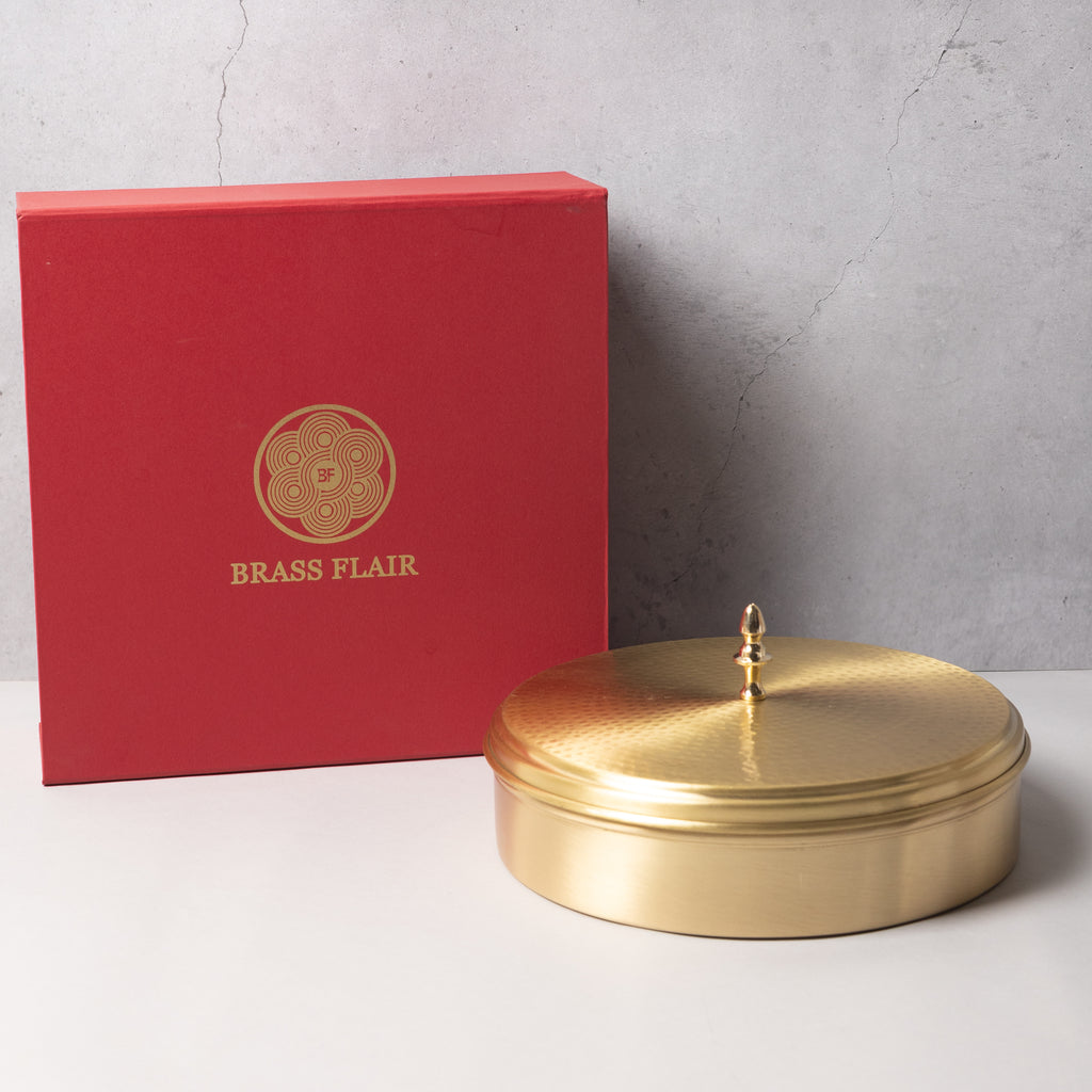 Brass Masala Box with 7 Compartments and Spoon – Premium Hammered Design | 9*4 inch