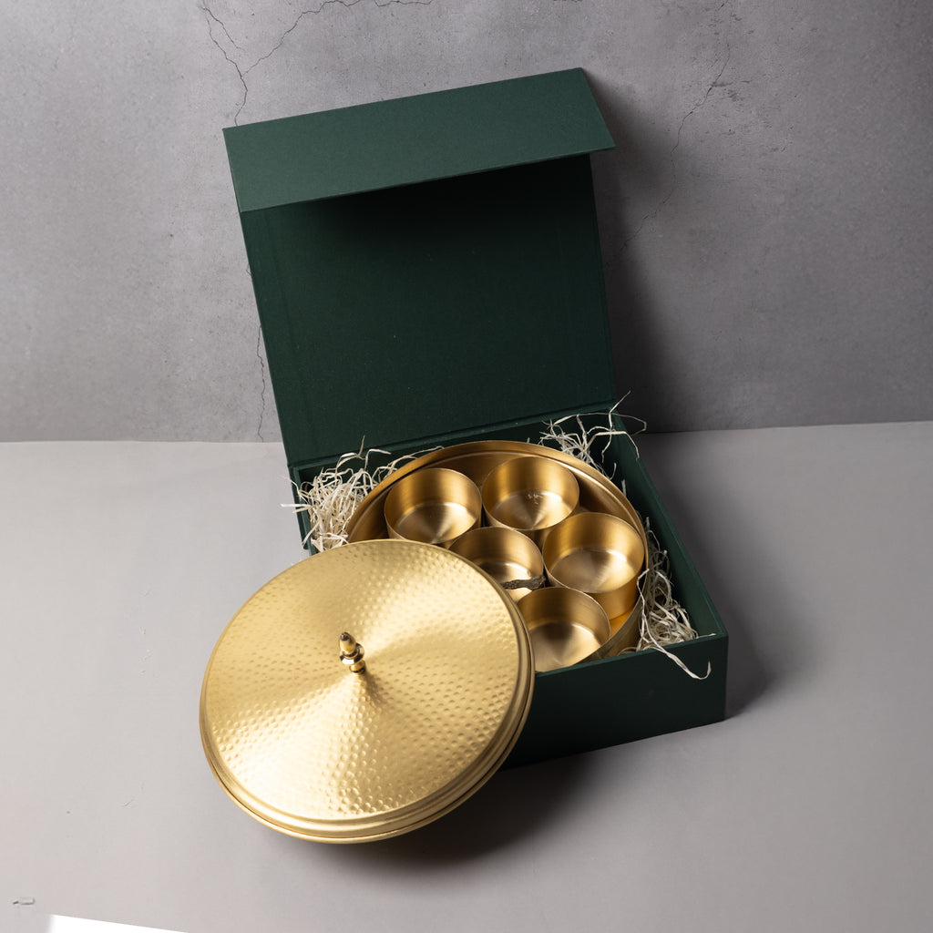 Brass Masala Box with 7 Compartments and Spoon – Premium Hammered Design | 9*4 inch