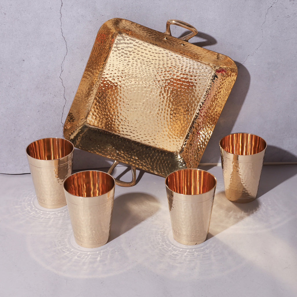 Traditional Handcrafted Brass Tray & Hammered Brass Glasses Set
