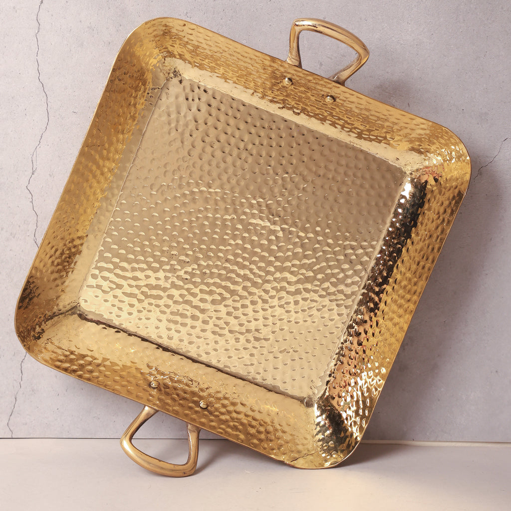 Brass Tray with Handle | Handcrafted Brass hammered Serving Tray (13×10 inch)