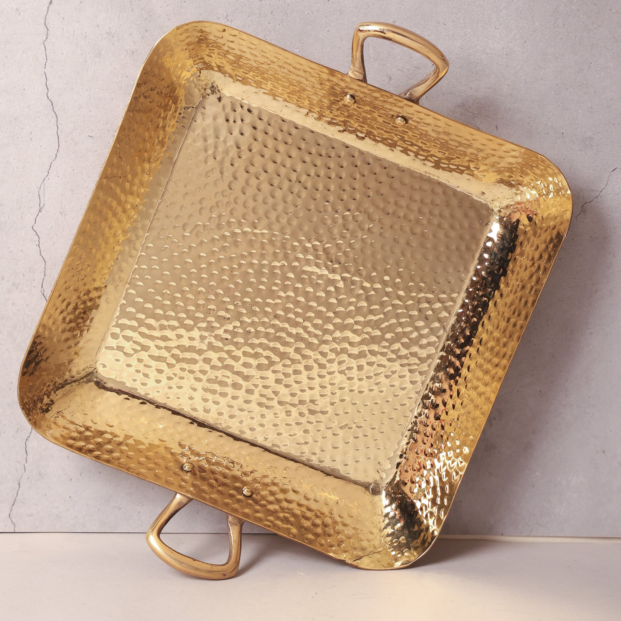 Brass Tray with Handle | Handcrafted Brass hammered Serving Tray (13×10 inch)