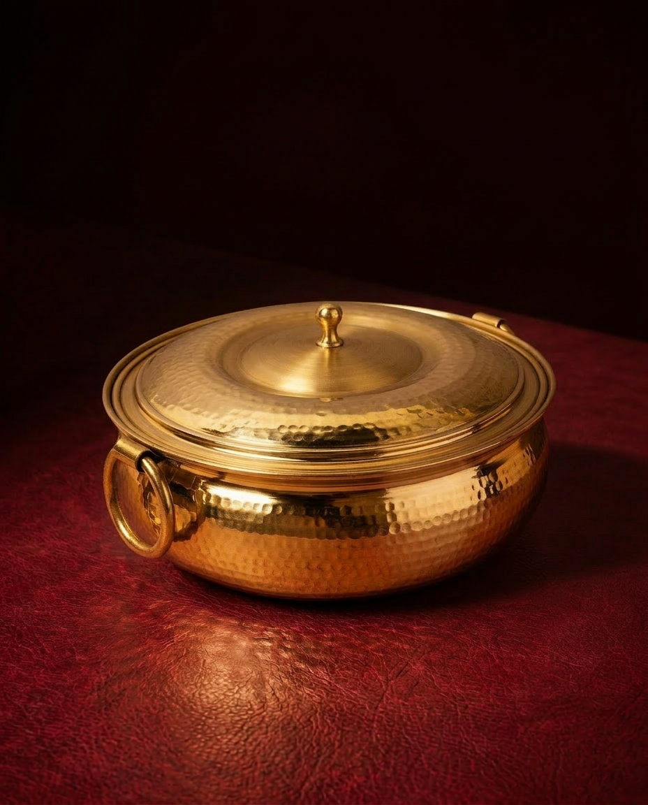 Brass Tin-Coated Hammered Lagan with brass Lid & Handle