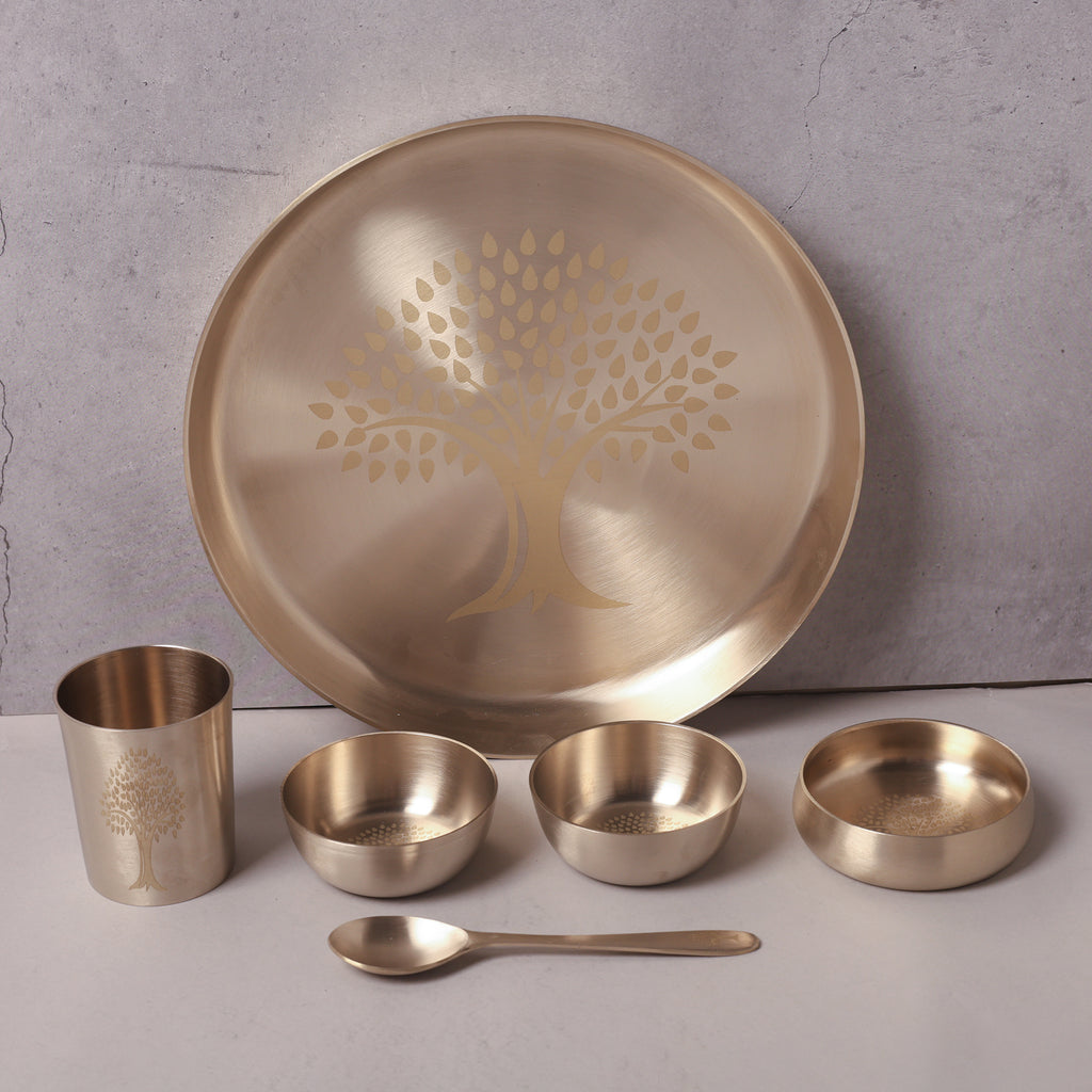 Bronze / Kansa Thali Set – Matt Finish - 6 piece set (1 thali, 3 bowls, 1 glass, 1 spoon)