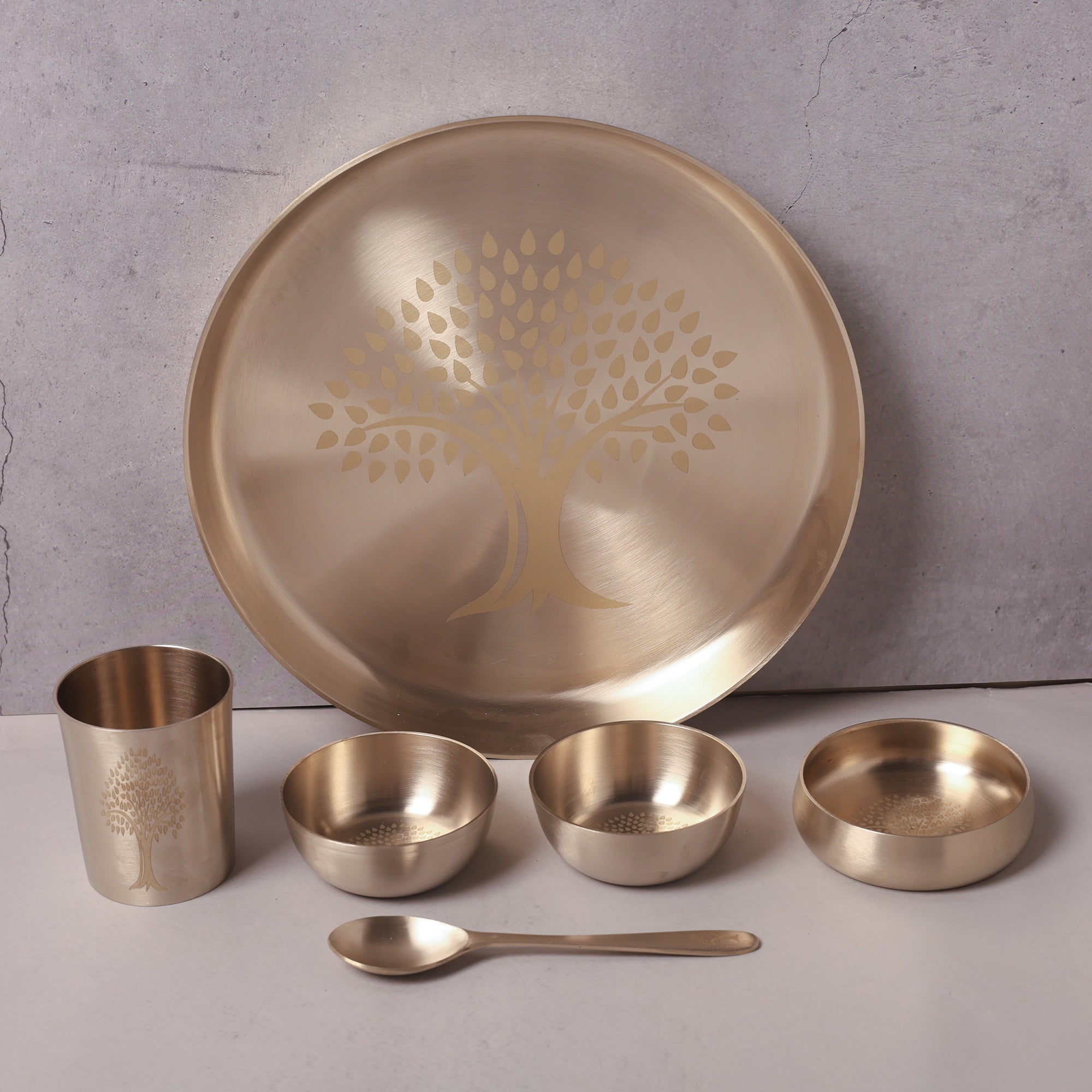 Bronze / Kansa Thali Set – Matt Finish - 6 peace set (1 thali, 3 bowls, 1 glass, 1 spoon)