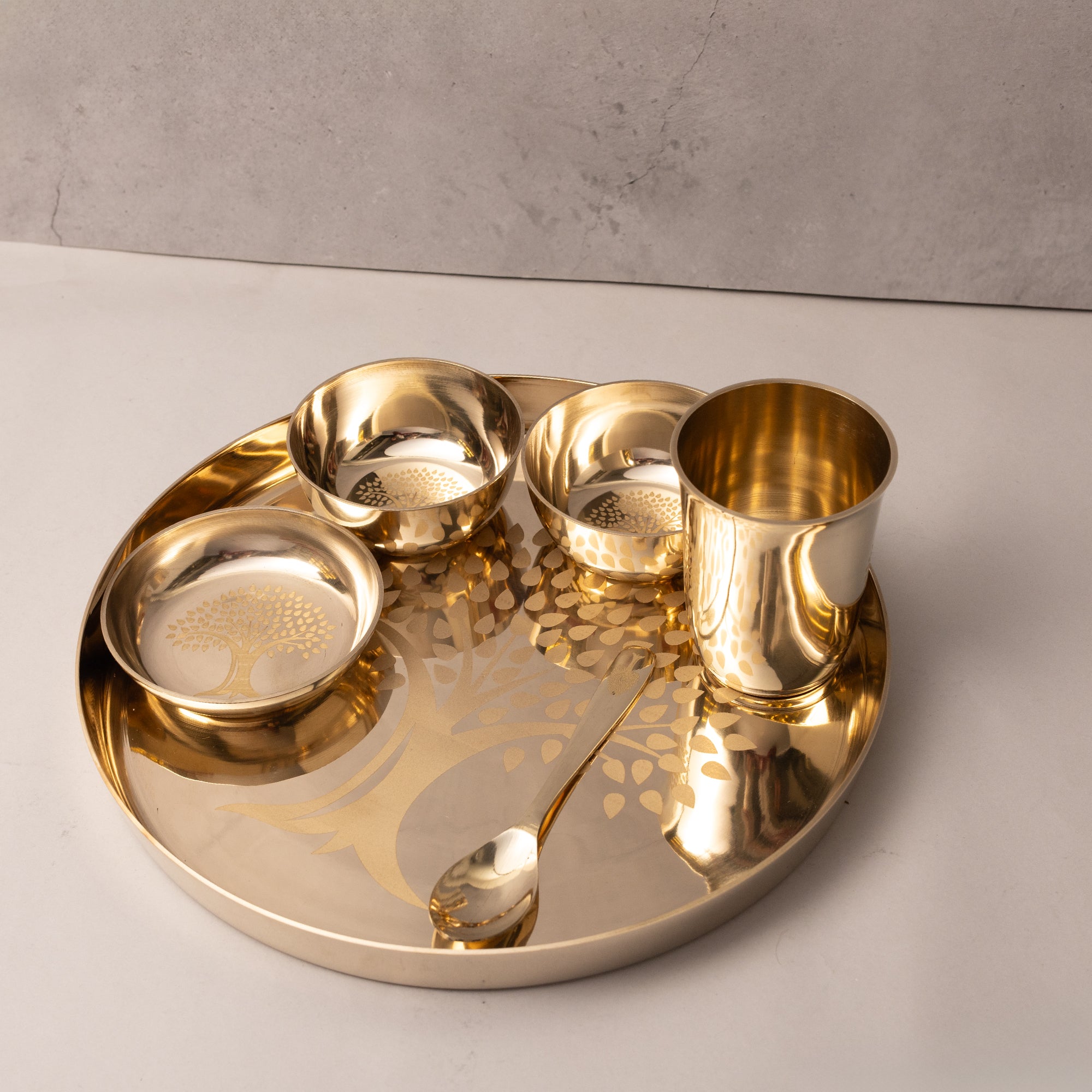 Bronze / Kansa Thali Set - 6 piece set (1 thali, 3 bowls, 1 glass, 1 spoon)