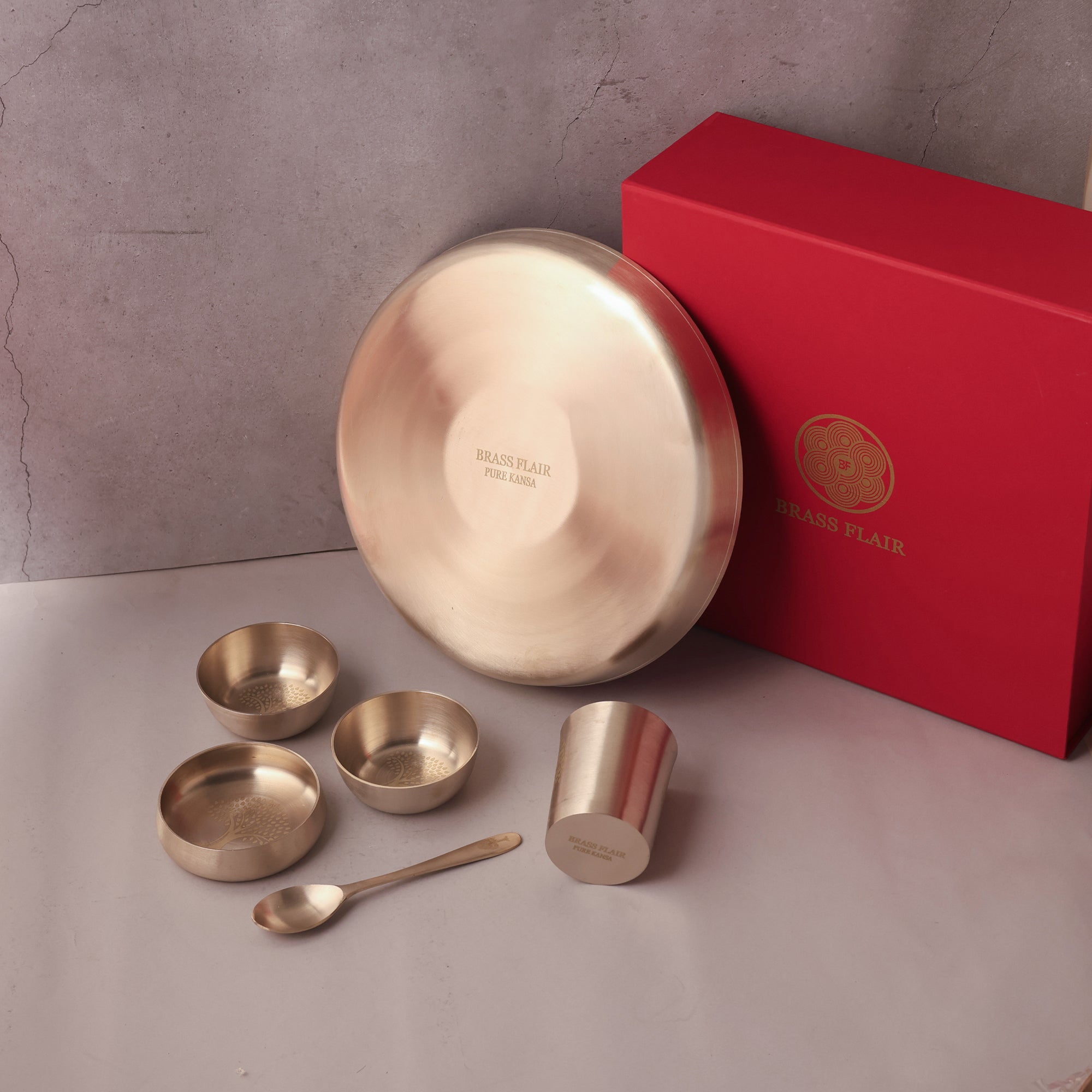 Bronze / Kansa Thali Set – Matt Finish - 6 piece set (1 thali, 3 bowls, 1 glass, 1 spoon)