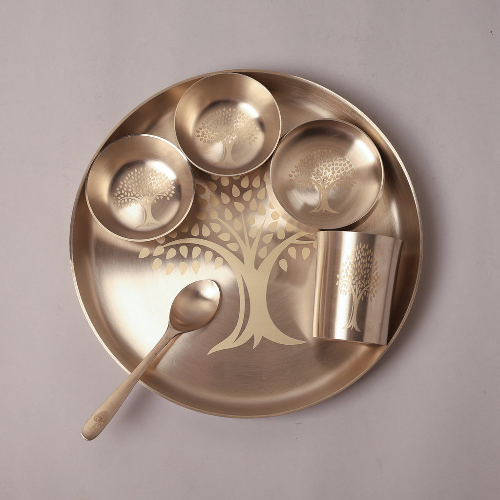 Bronze / Kansa Thali Set – Matt Finish - 6 piece set (1 thali, 3 bowls, 1 glass, 1 spoon)