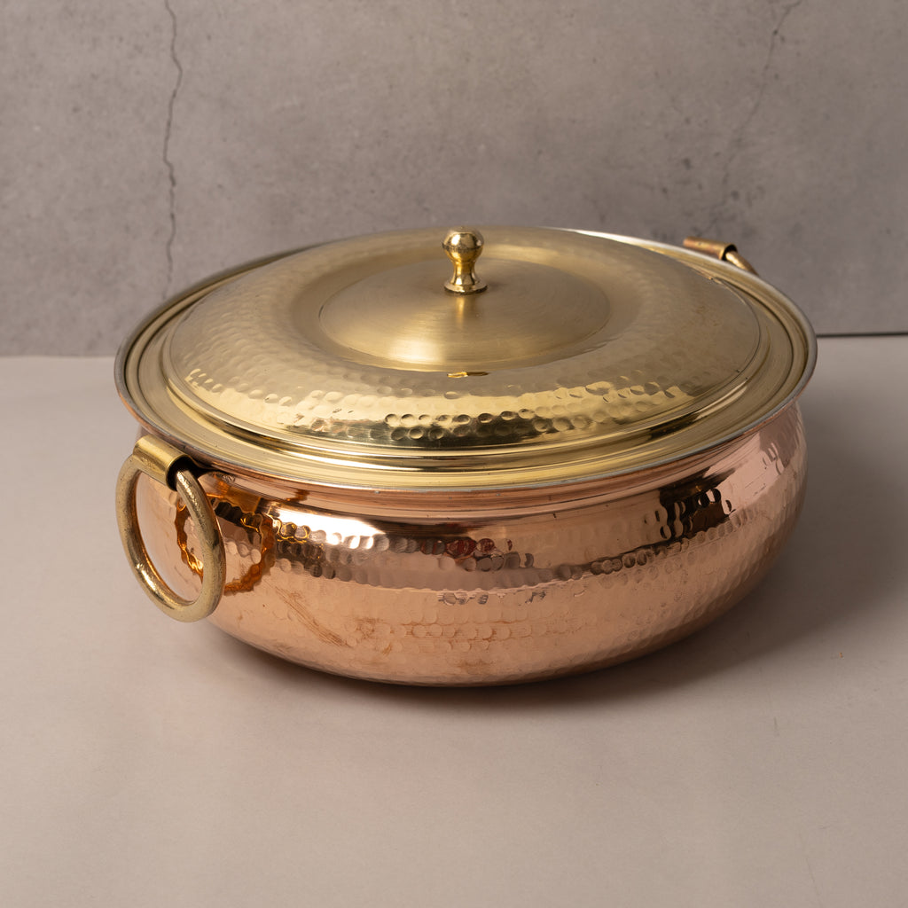 Copper Tin-Coated Hammered Lagan with brass Lid & Handle