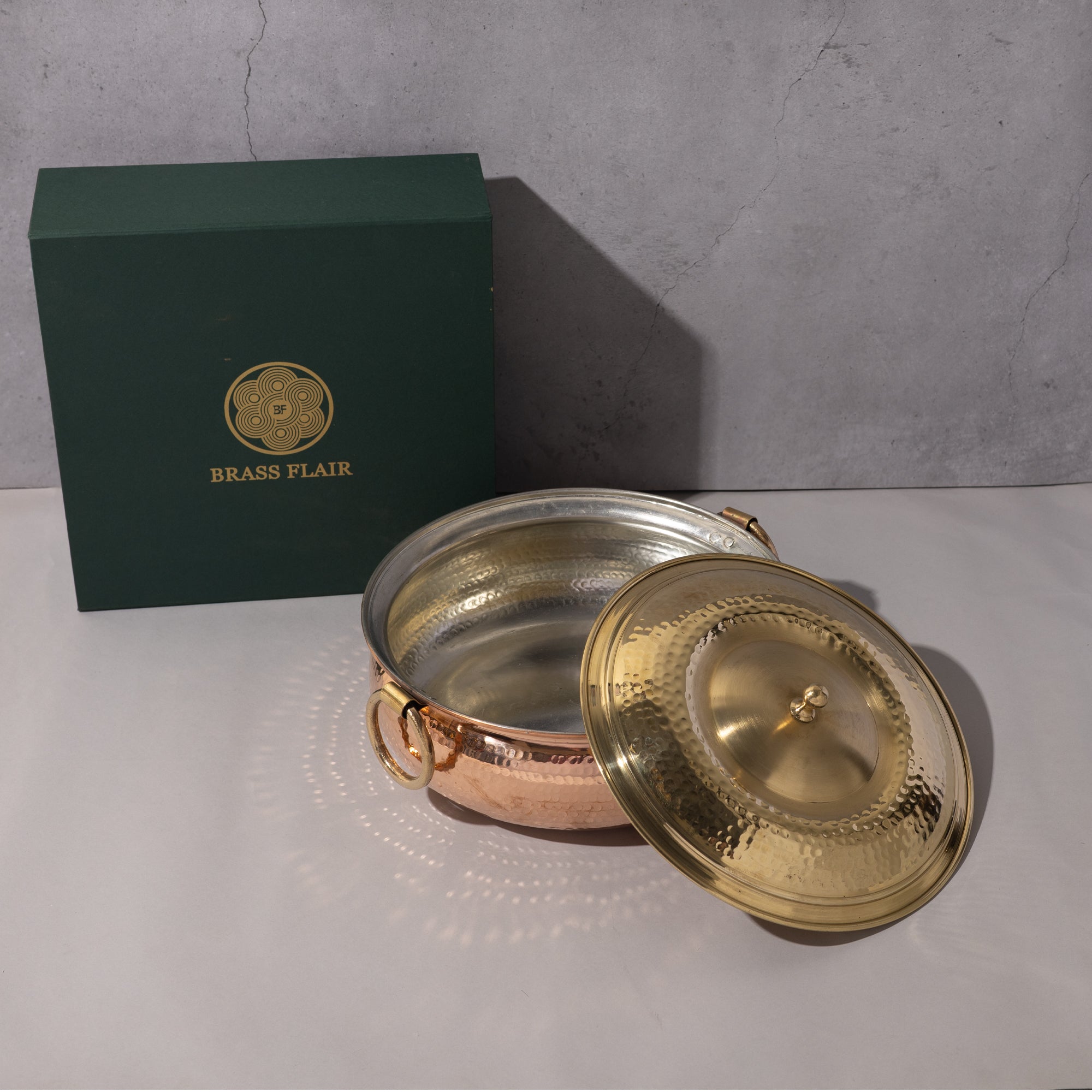 Copper Tin-Coated Hammered Lagan with brass Lid & Handle