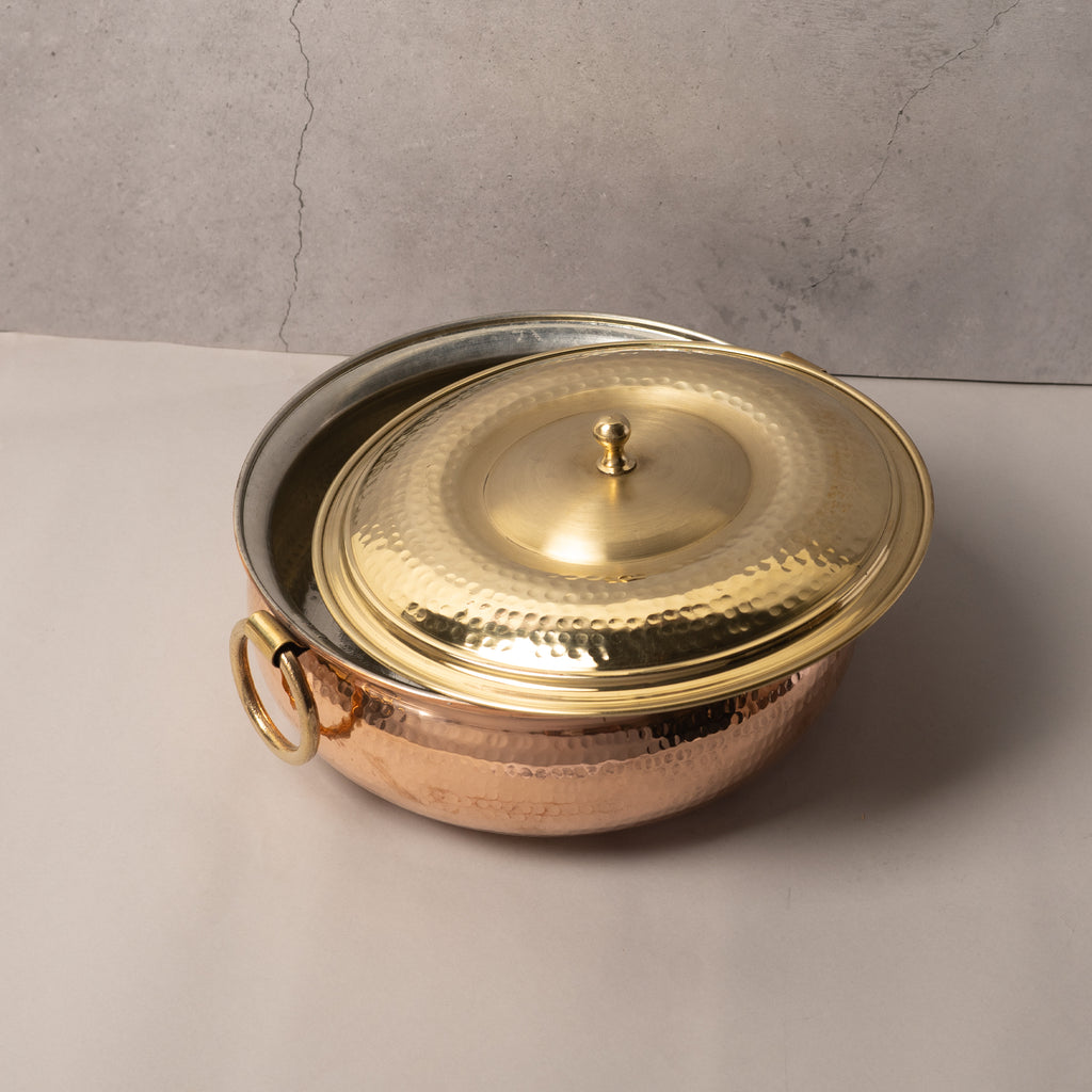 Copper Tin-Coated Hammered Lagan with brass Lid & Handle
