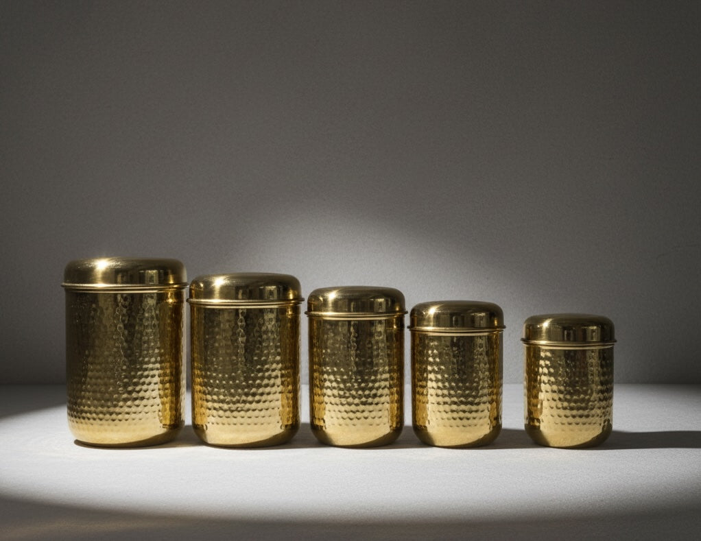 Handmade 100% Pure Hammered Brass Jars with Lid (Set of 5)