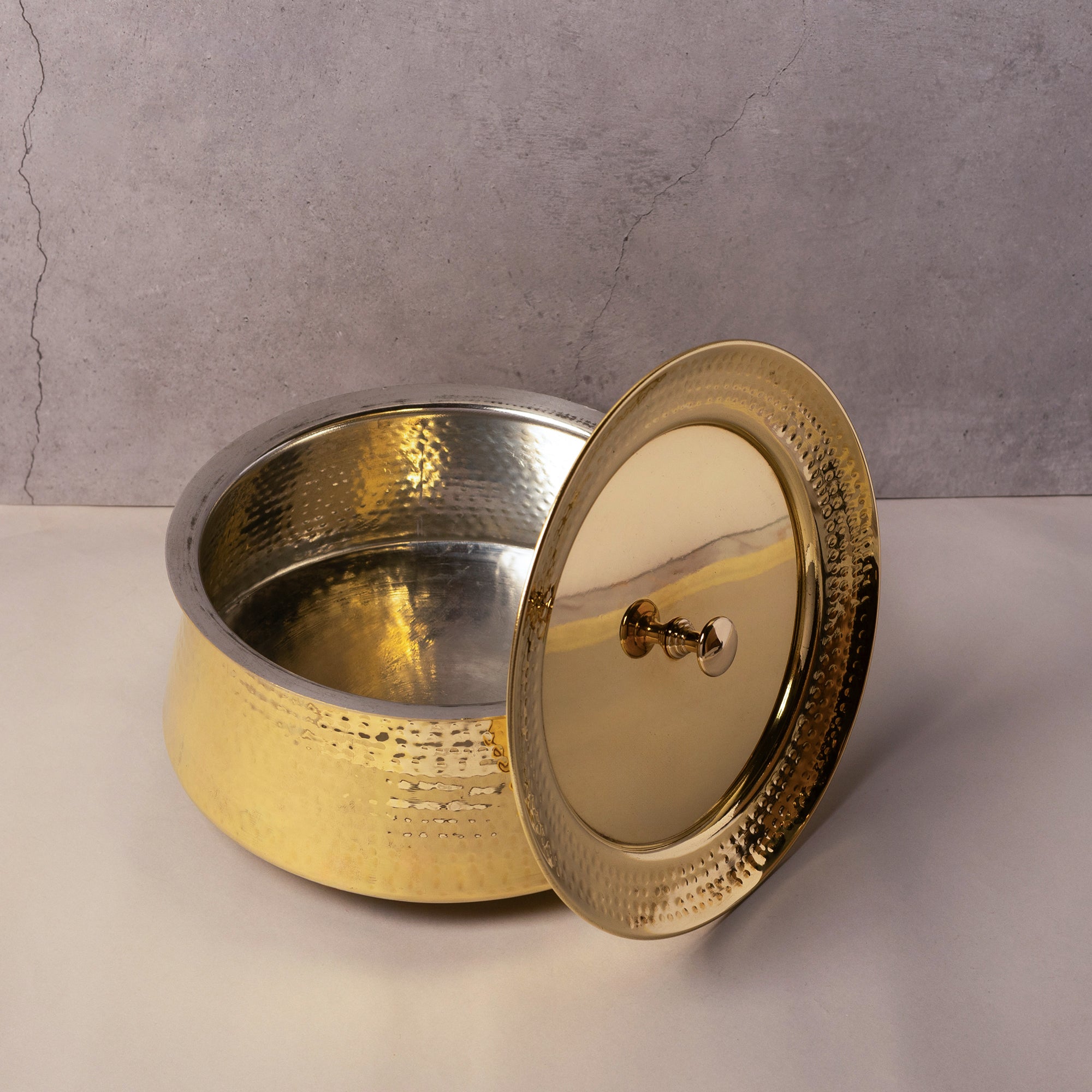 Brass Tin-Coated Hammered Biryani Handi with Lid